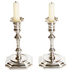 Pair of George II Style Sterling Silver Candlesticks by Cartier