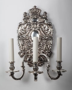 Three Arm Silver Plate Sconce Pair with George II Style Bas Relief, Circa 1900