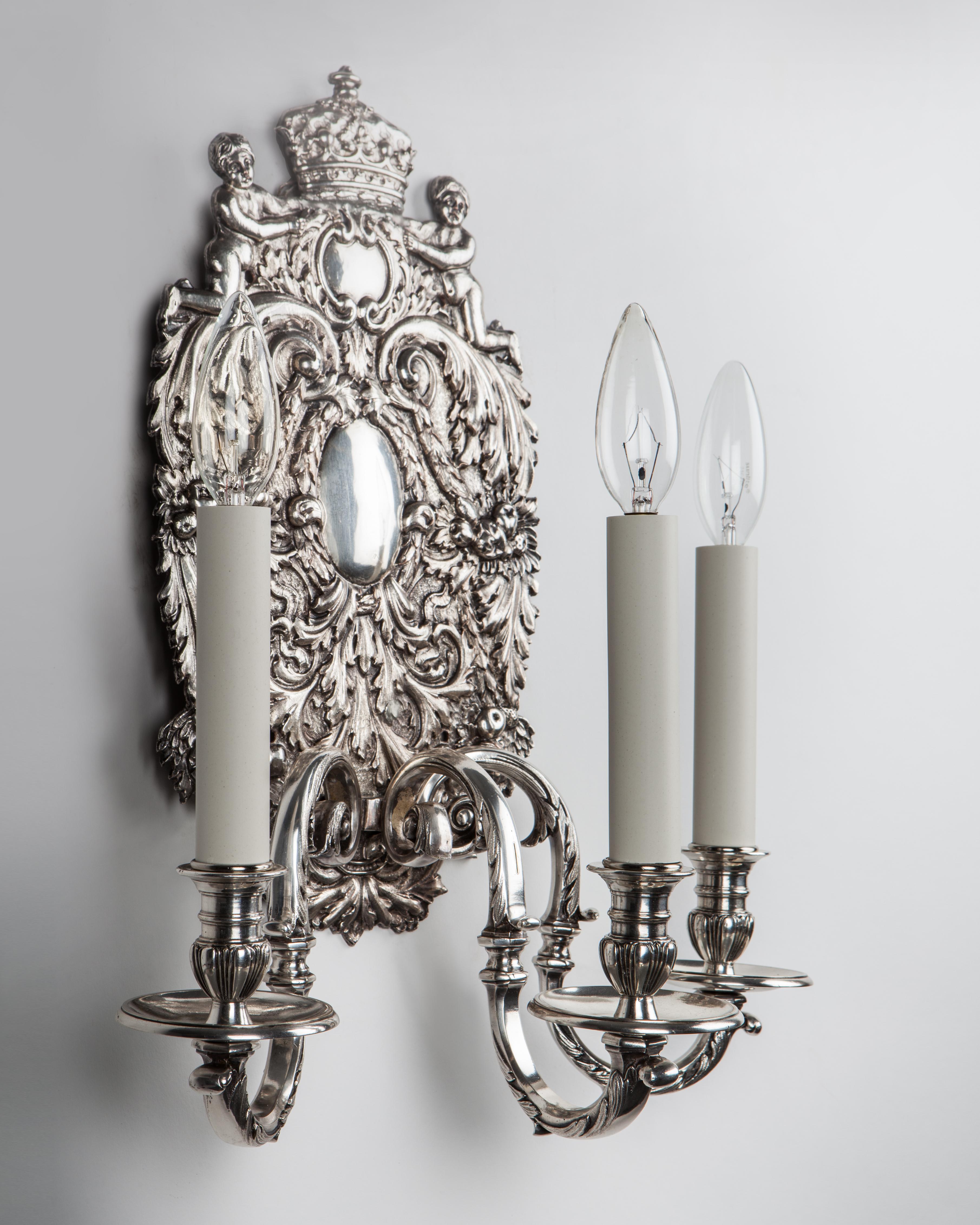 Cast Three Arm Silver Plate Sconce Pair with George II Style Bas Relief, Circa 1900 For Sale