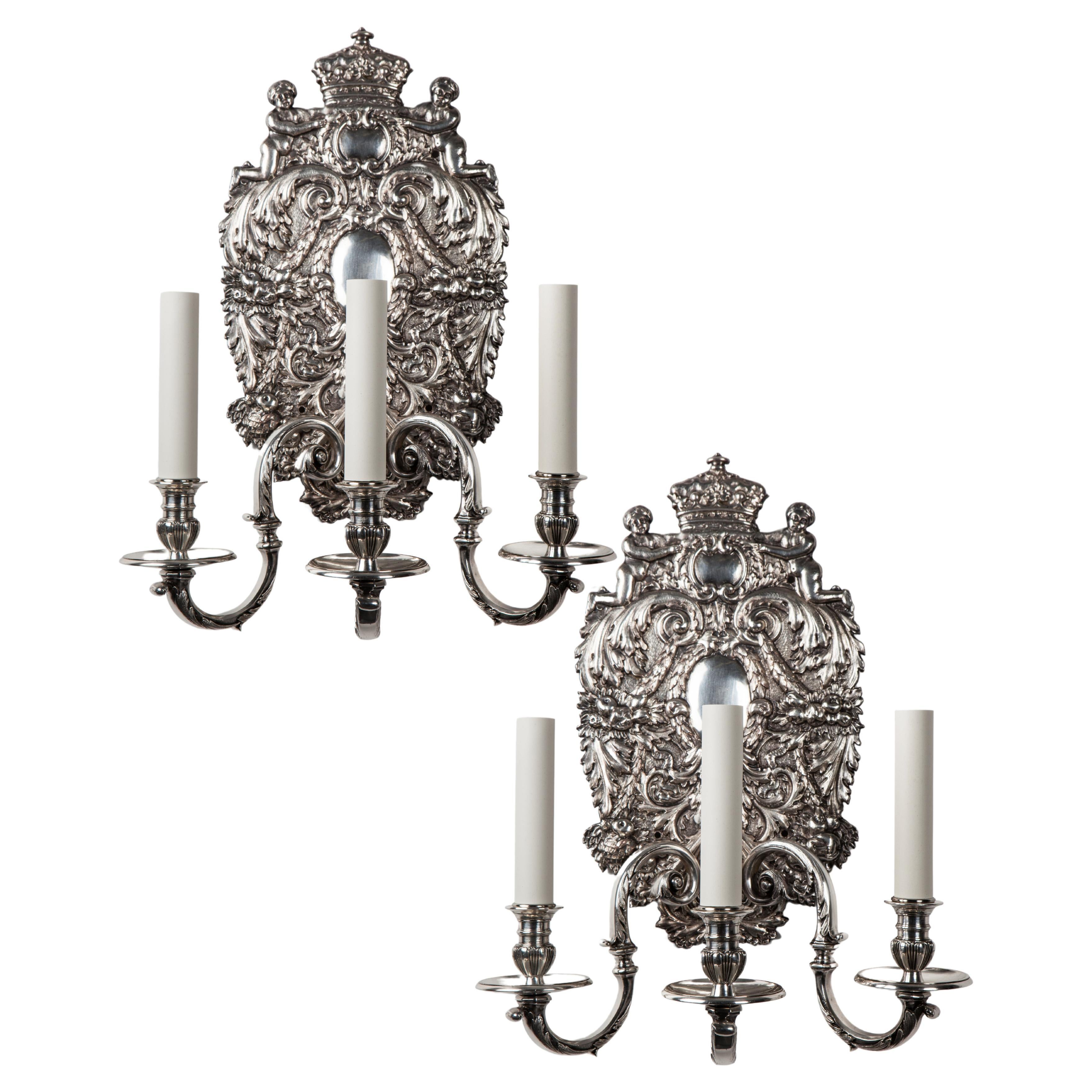 Three Arm Silver Plate Sconce Pair with George II Style Bas Relief, Circa 1900 For Sale