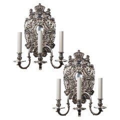 Three Arm Silver Plate Sconce Pair with George II Style Bas Relief, Circa 1900