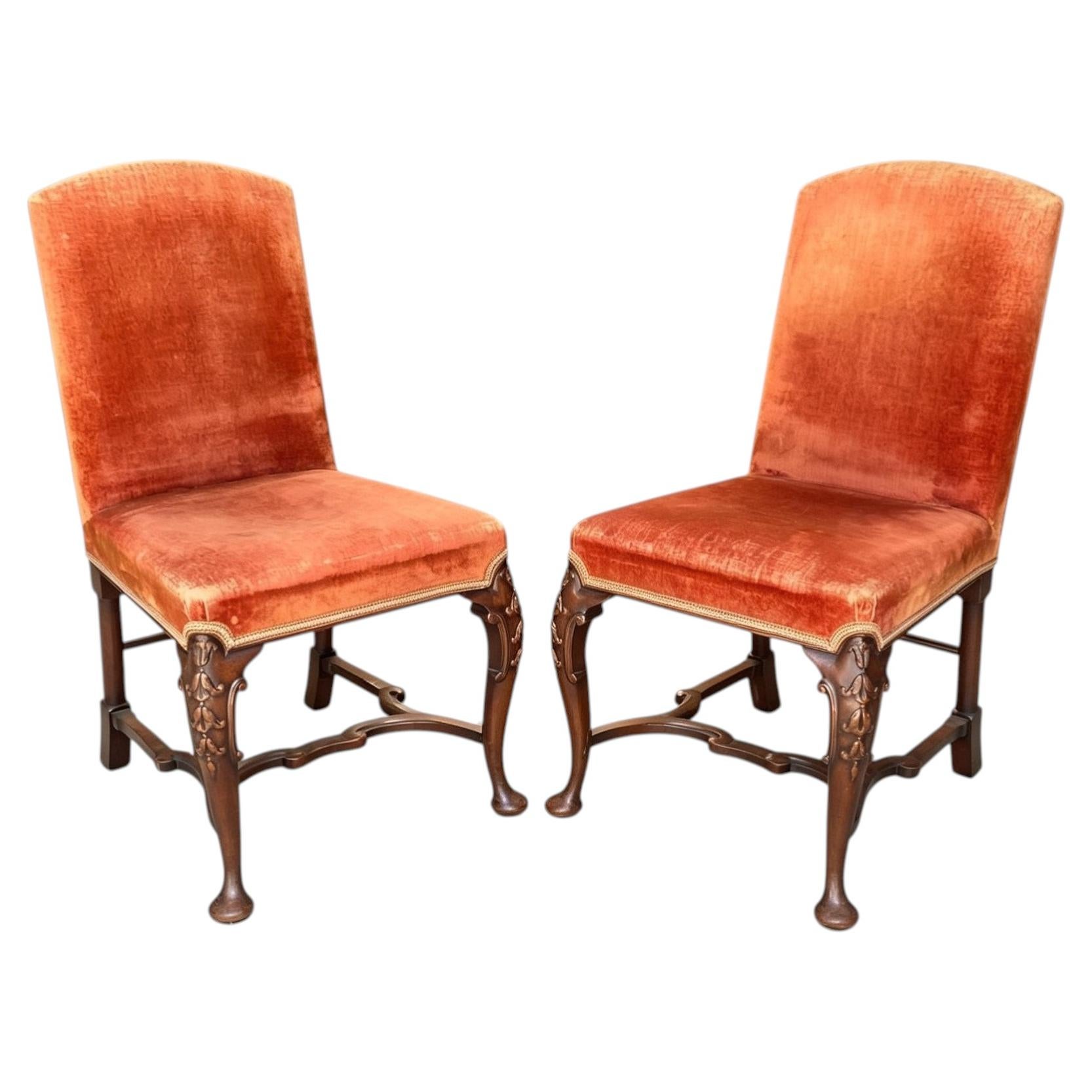 Pair of George II style upholstered and carved walnut side chairs For Sale