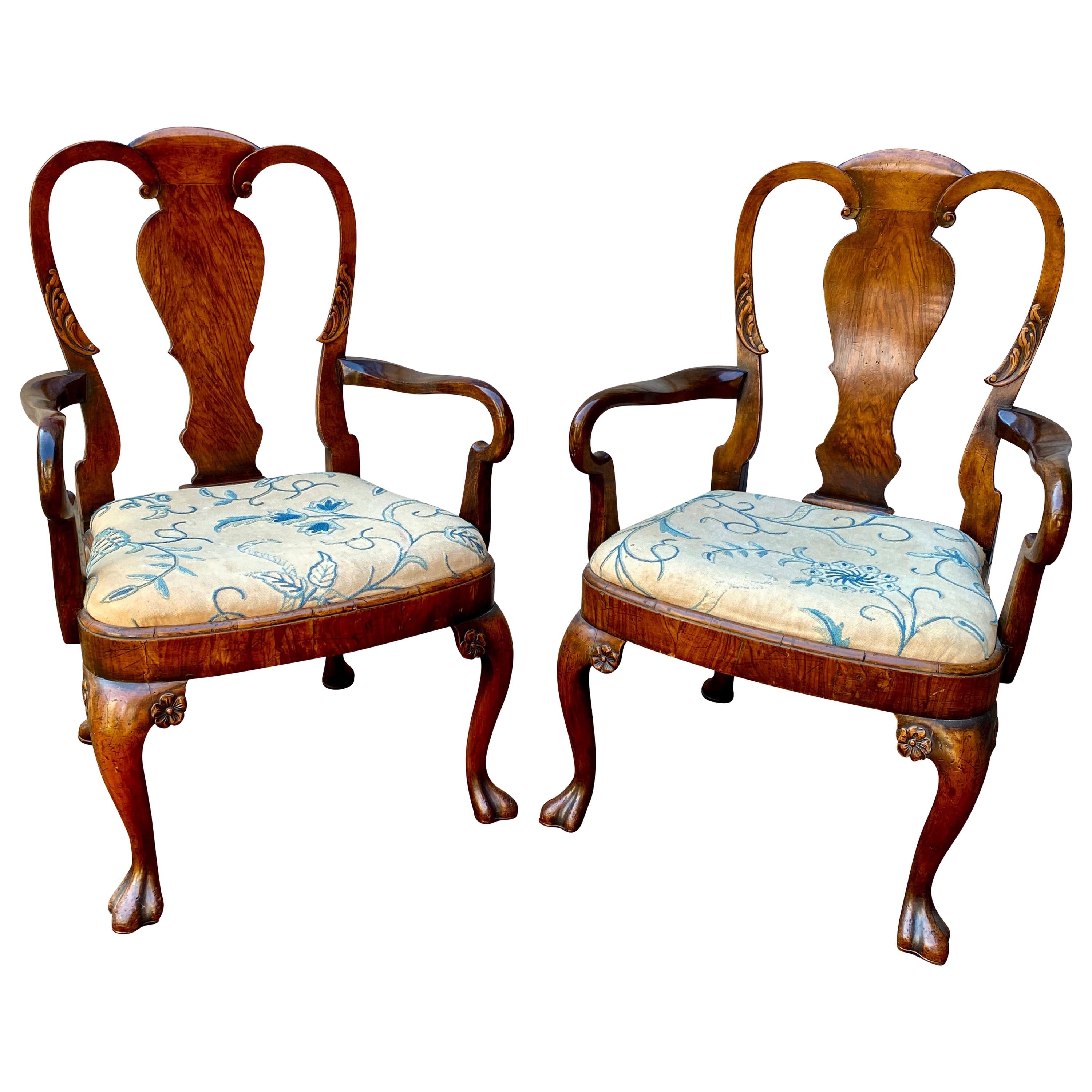 Pair of George II Style Walnut Armchairs For Sale