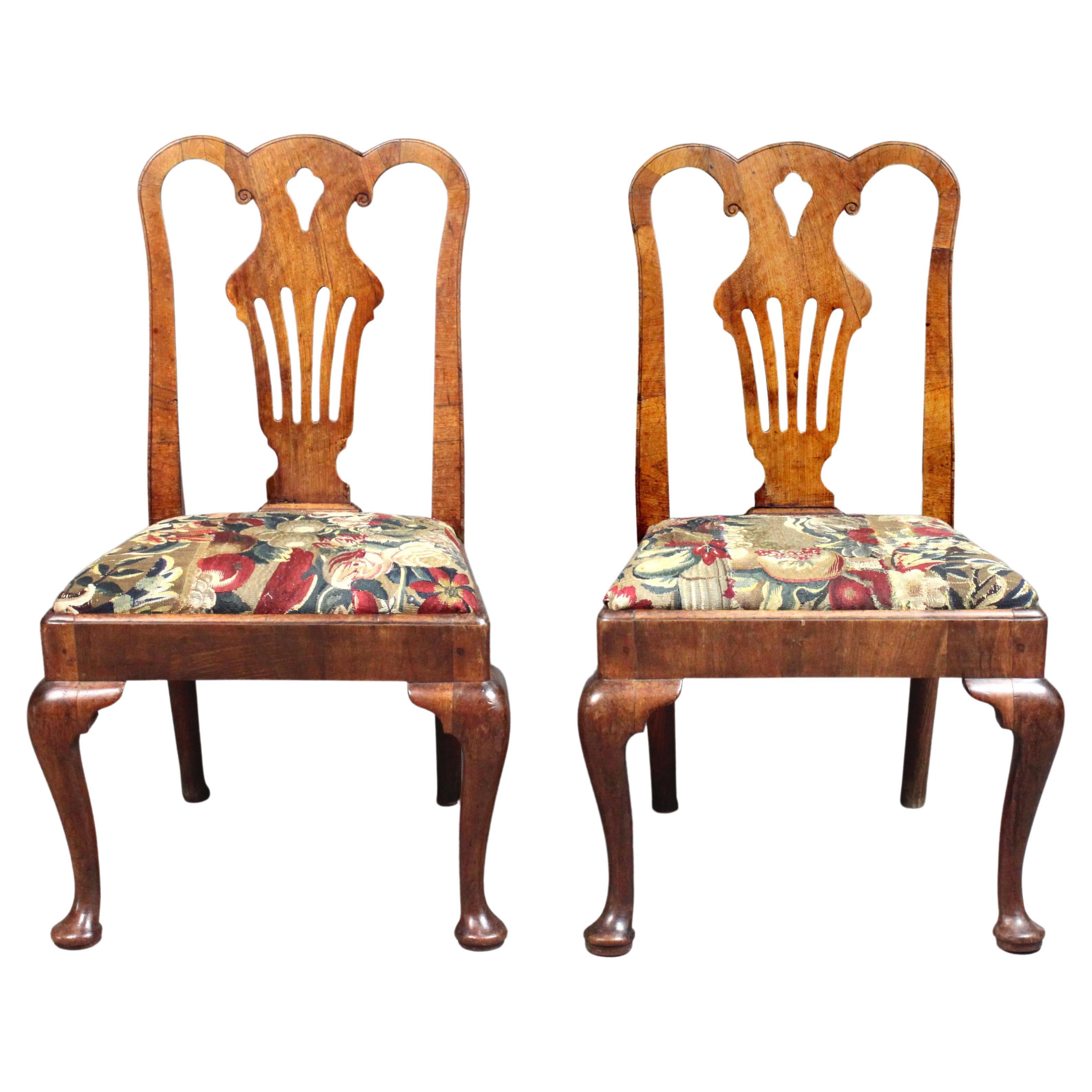Pair of George II veneered walnut cabriole leg chairs For Sale