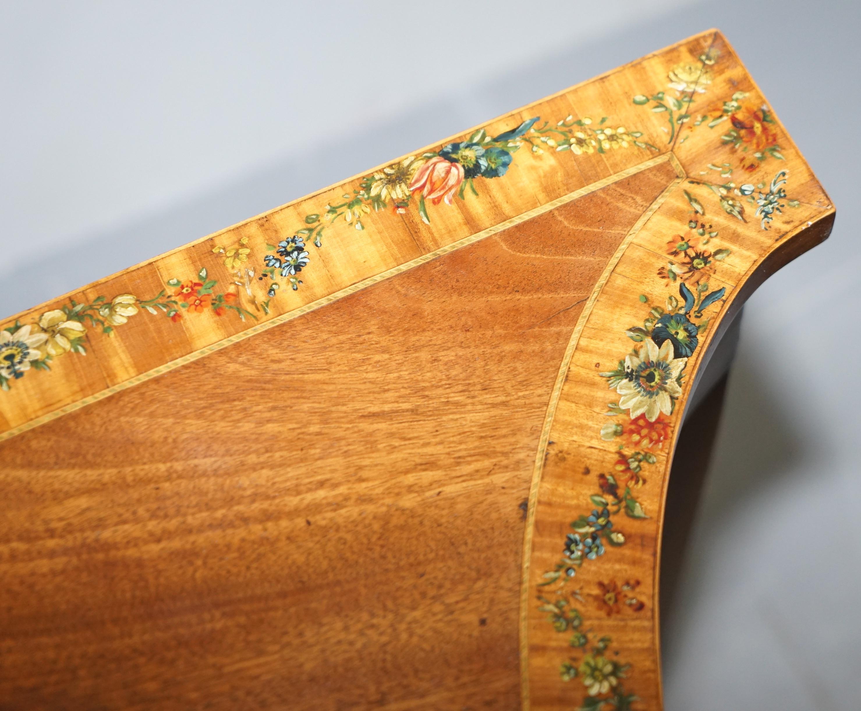 Pair of George III 1780 Satinwood & Tulip Wood Polychrome Painted Console Tables For Sale 1