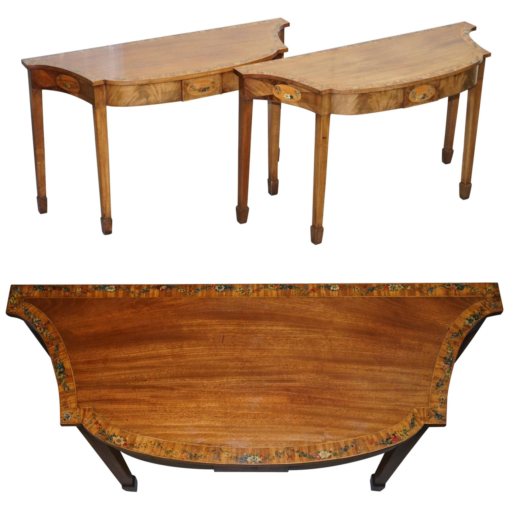 Pair of George III 1780 Satinwood & Tulip Wood Polychrome Painted Console Tables For Sale