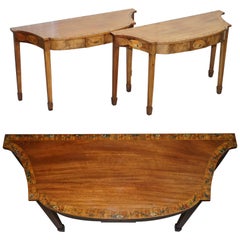 Antique Pair of George III 1780 Satinwood & Tulip Wood Polychrome Painted Console Tables