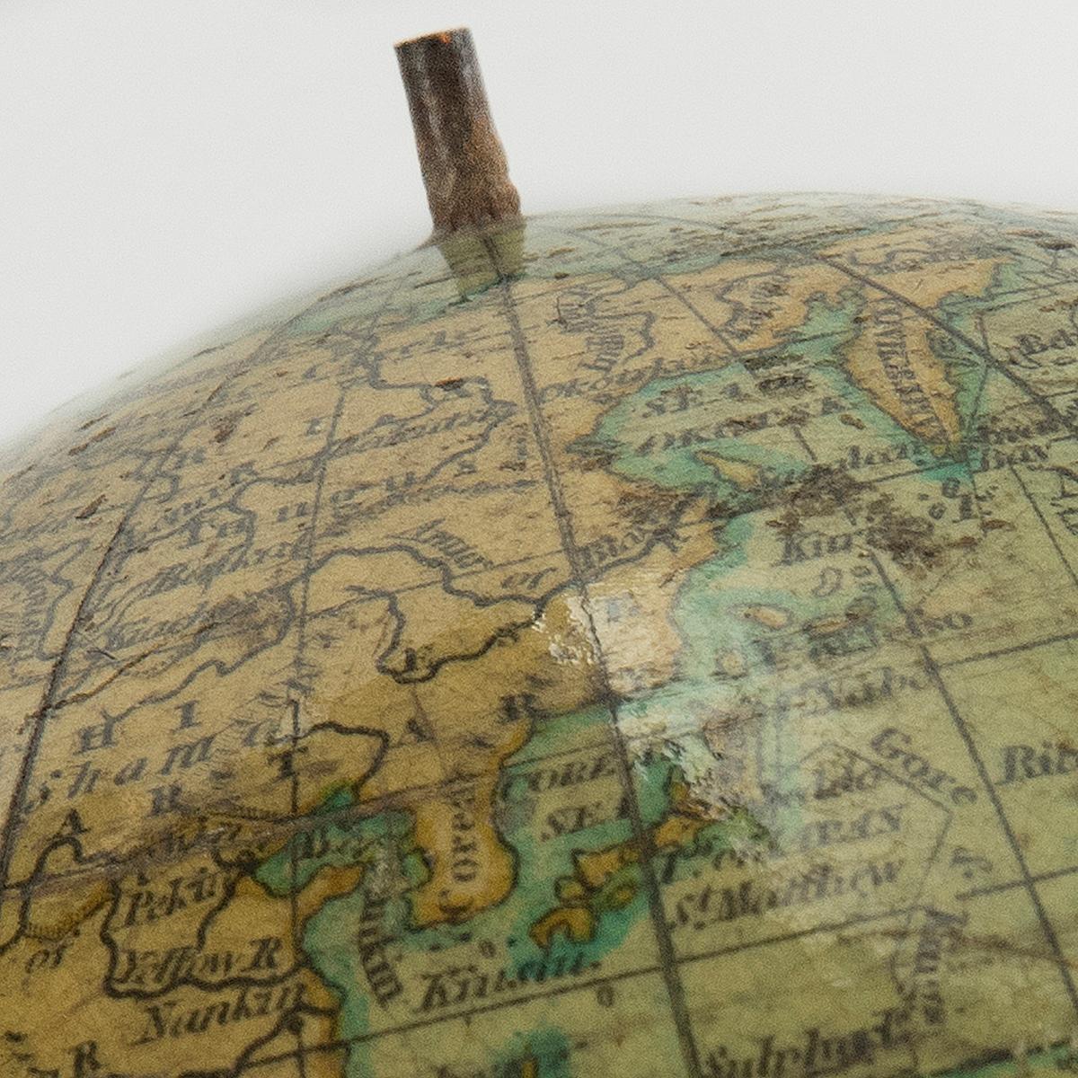 The terrestrial globe is applied with 12 engraved and hand-coloured gores and signed in a circular cartouche ‘Cary’s Pocket Globe, Agreeable to the Latest Discoveries. Pubd. by J. & W. Cary, Strand, April 1791’.  It is housed in a hinged shagreen