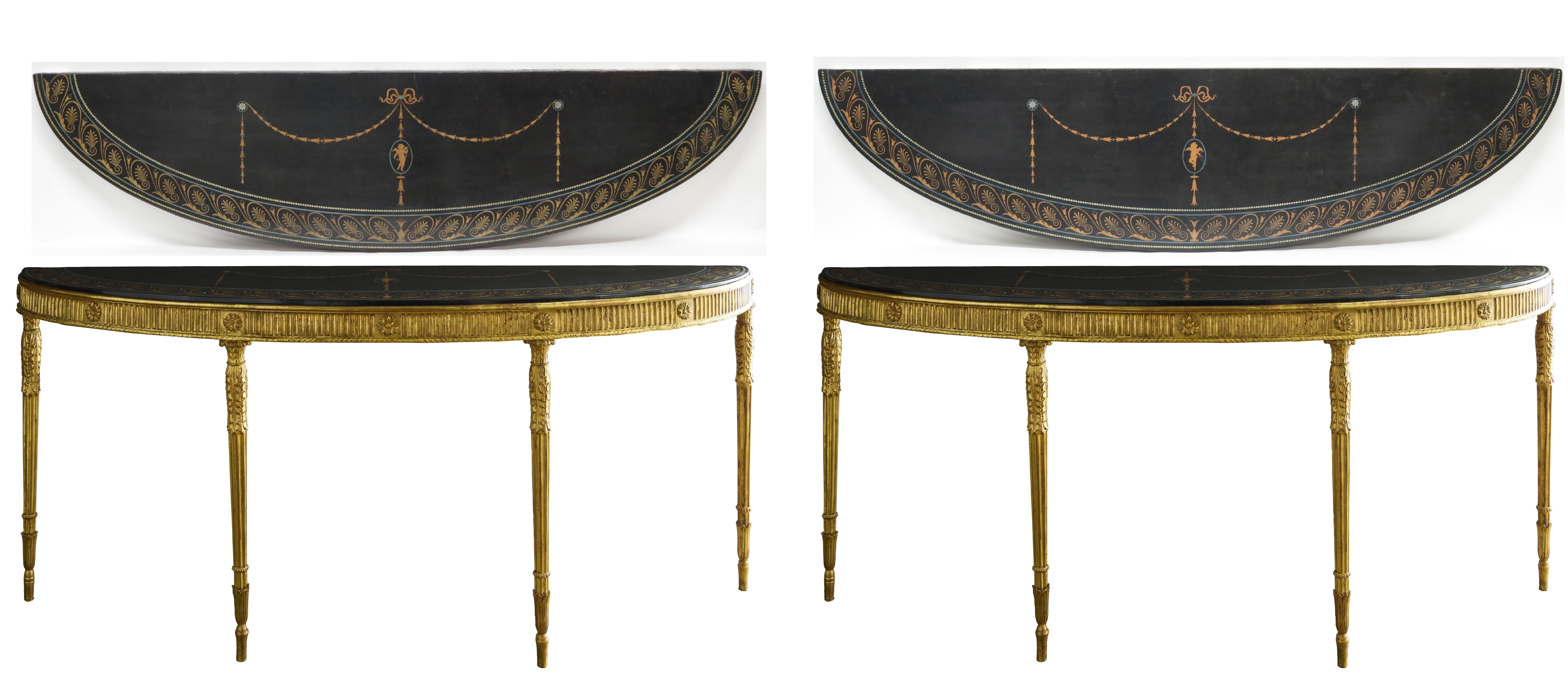 a pair of George III Adam-style giltwood and scagliola demilune console tables, the giltwood bases, England, late 18th century, scagliola tops maybe later, Grand Tour souvenir, Italy, 19th century 