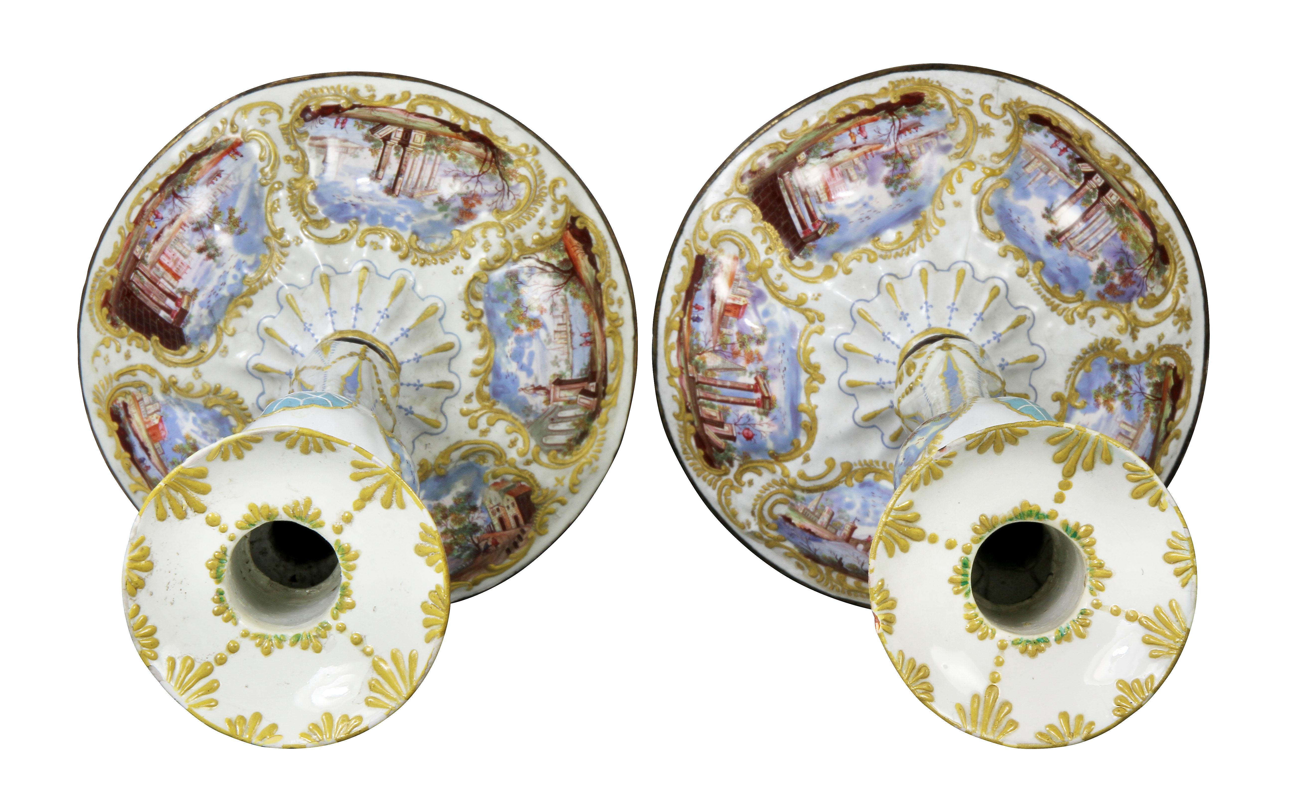 Pair Of George III Battersea Enamel Candlesticks 4