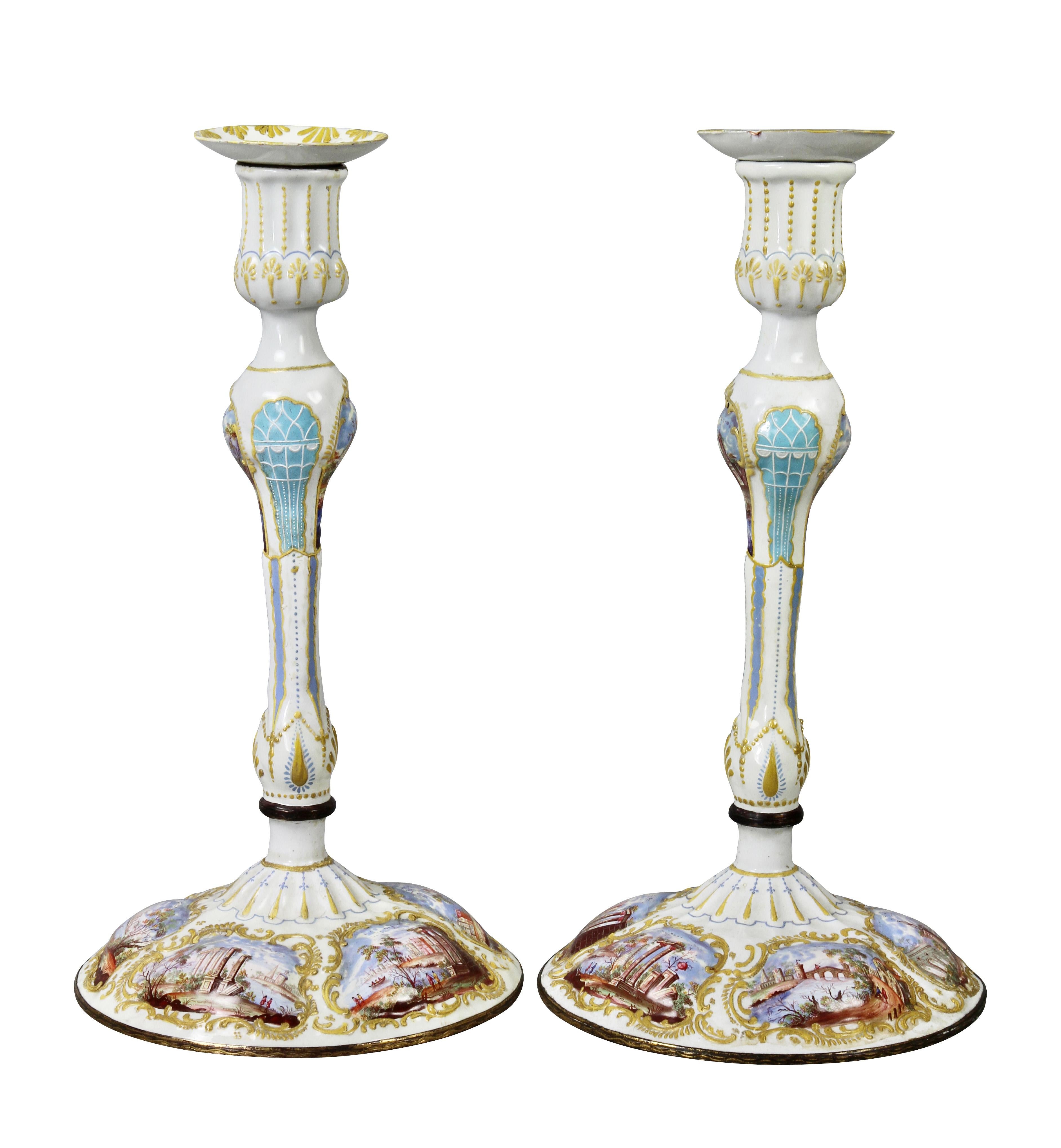 Pair Of George III Battersea Enamel Candlesticks 6