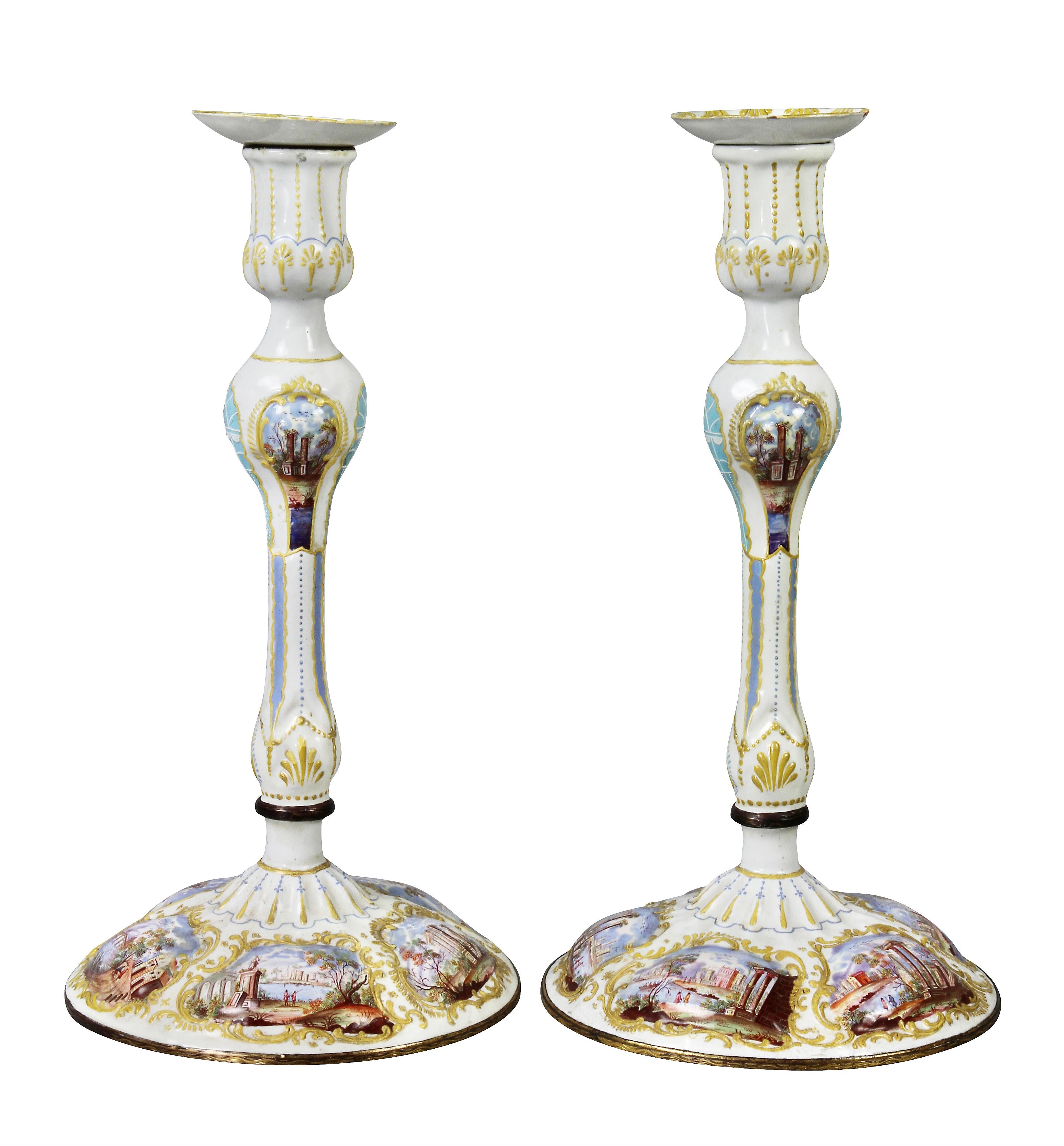 Pair Of George III Battersea Enamel Candlesticks 8
