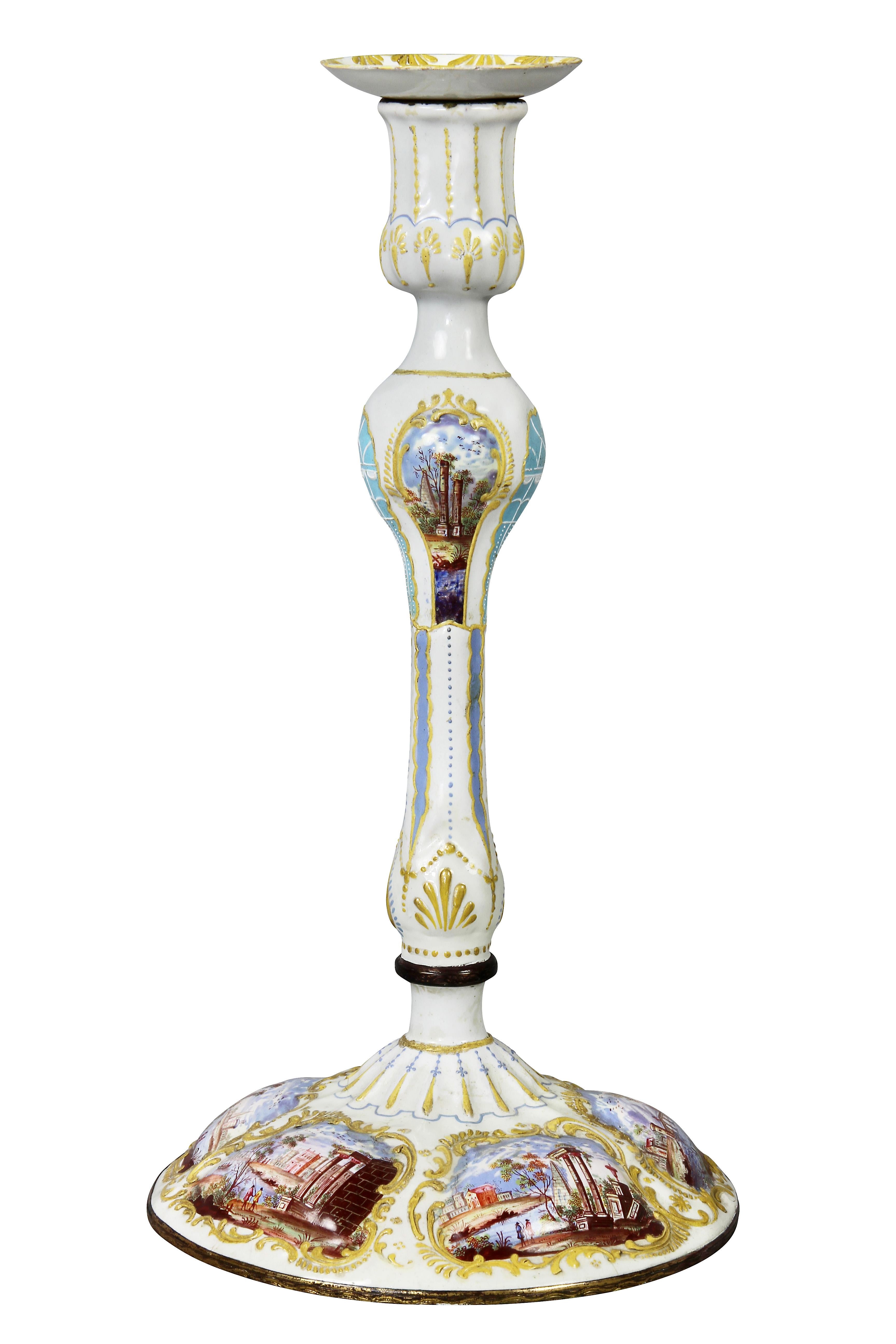 Typical form with removable beaches , white ground decorated with scenes of Roman ruins. Enamel on copper. Gilded details. Estate of Drue Heinz.