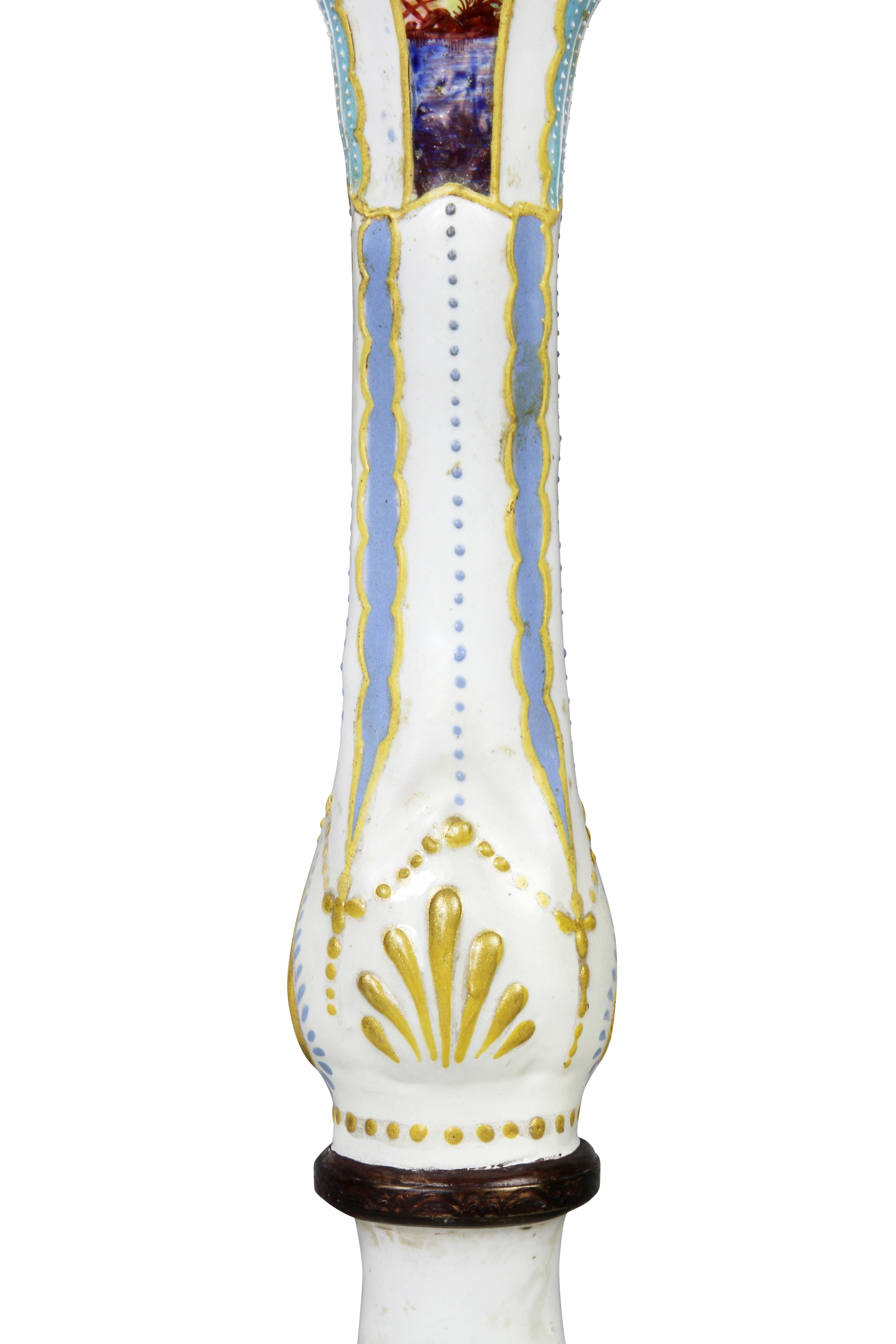 Late 18th Century Pair Of George III Battersea Enamel Candlesticks