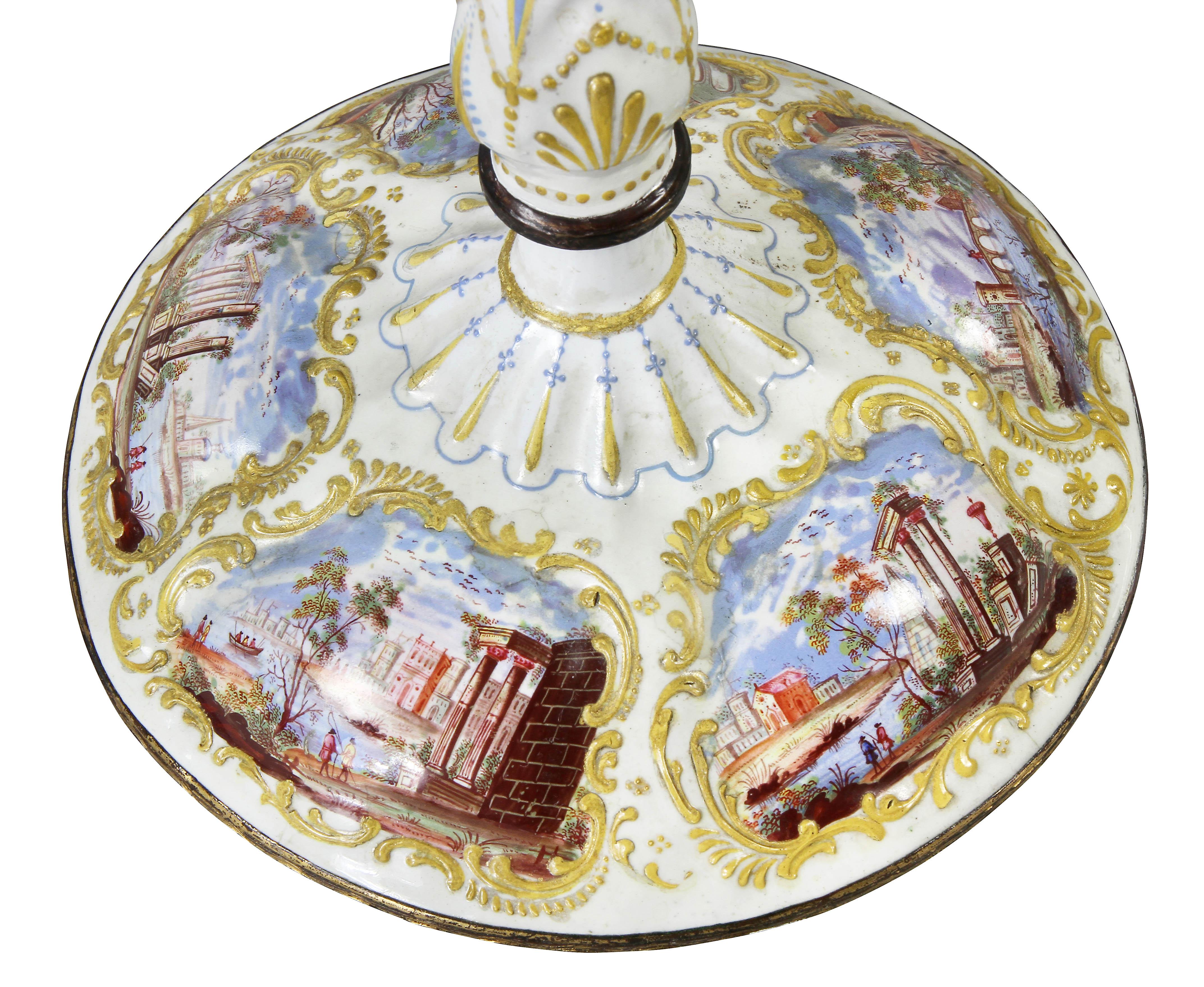 Pair Of George III Battersea Enamel Candlesticks 1