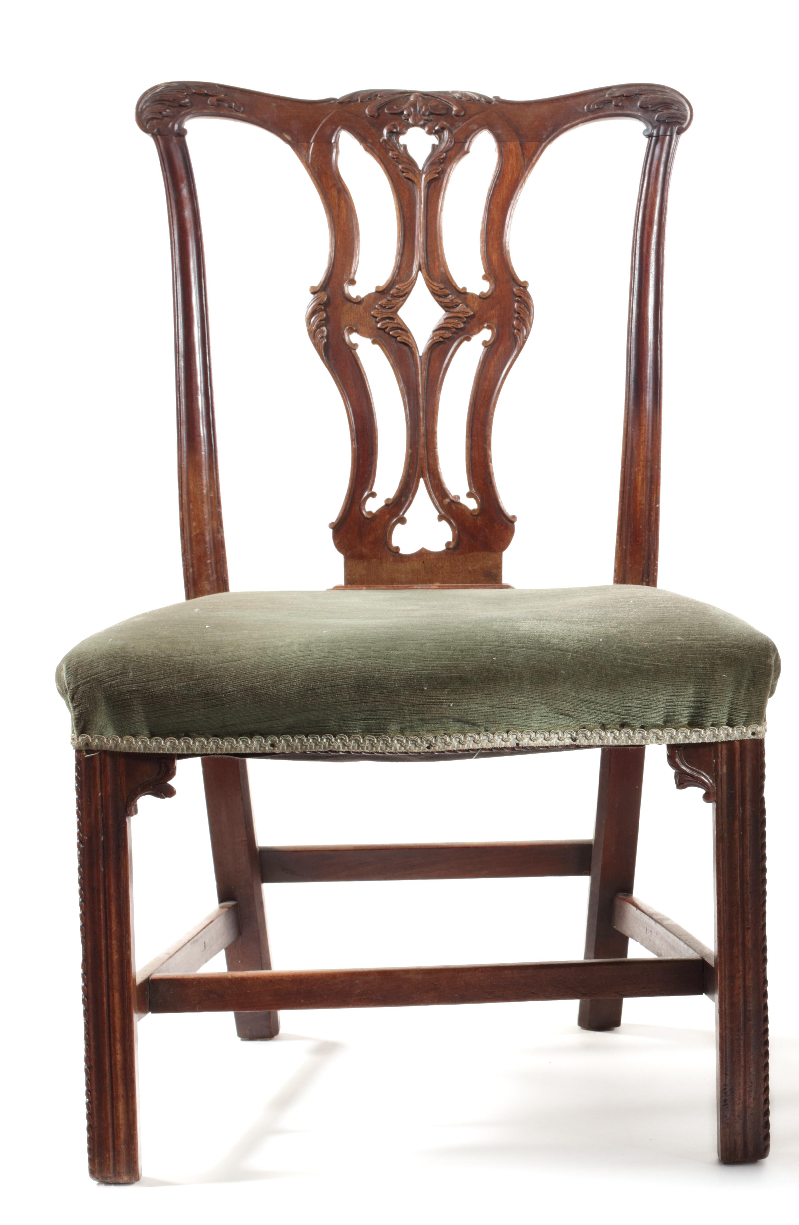 English Pair of George III Carved Mahogany Dining Chairs in the Chippendale Gothic Taste