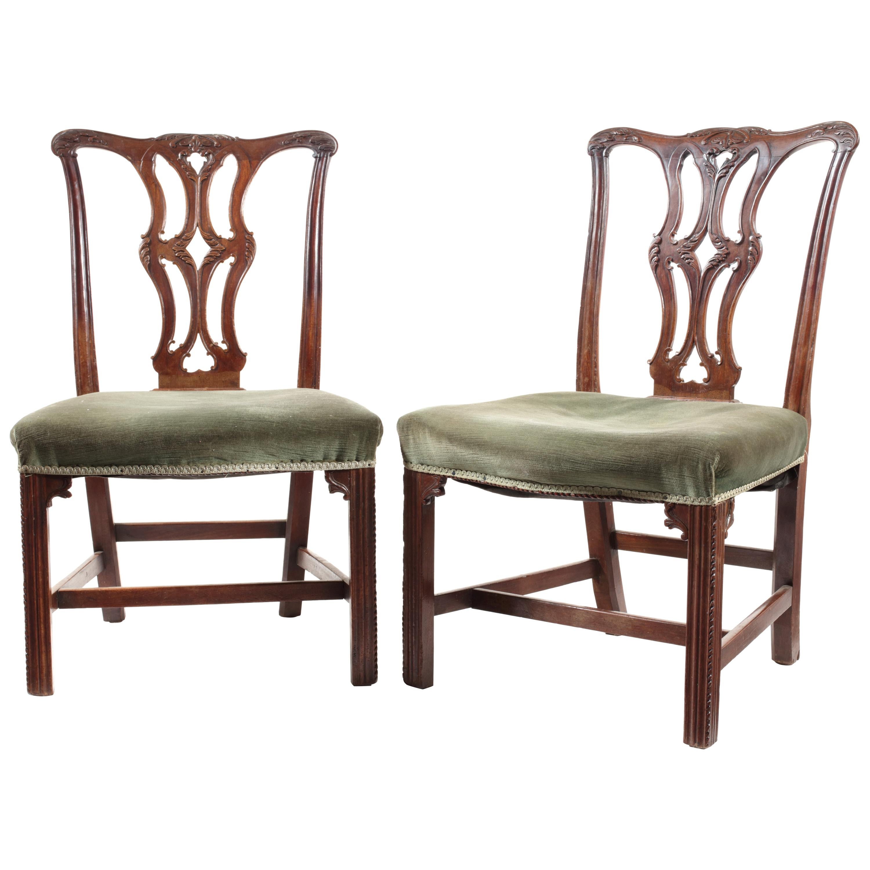Pair of George III Carved Mahogany Dining Chairs in the Chippendale Gothic Taste