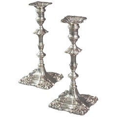 Antique Pair of George III Cast Silver Candlesticks by Ebenezer Coker, London 1764
