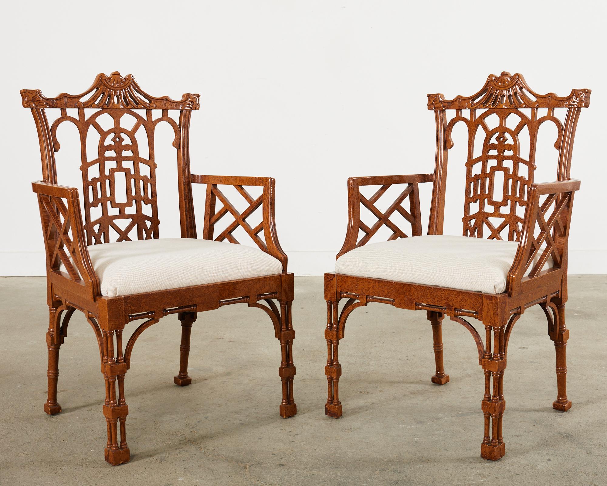 Pair of George III Chinese Chippendale Style Lacquered Pagoda Armchairs In Good Condition In Rio Vista, CA