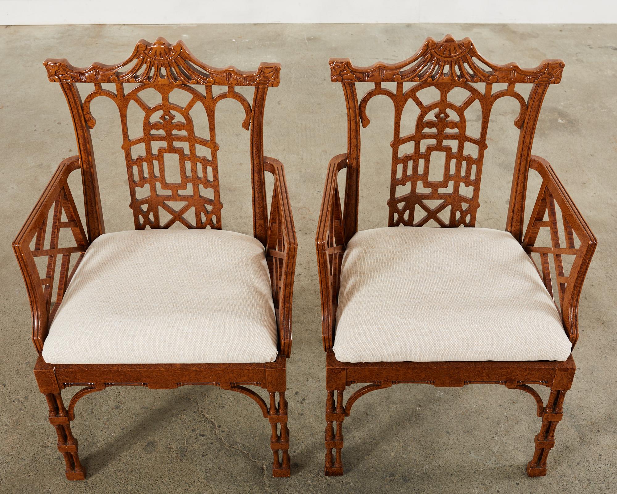 Pair of George III Chinese Chippendale Style Lacquered Pagoda Armchairs 1