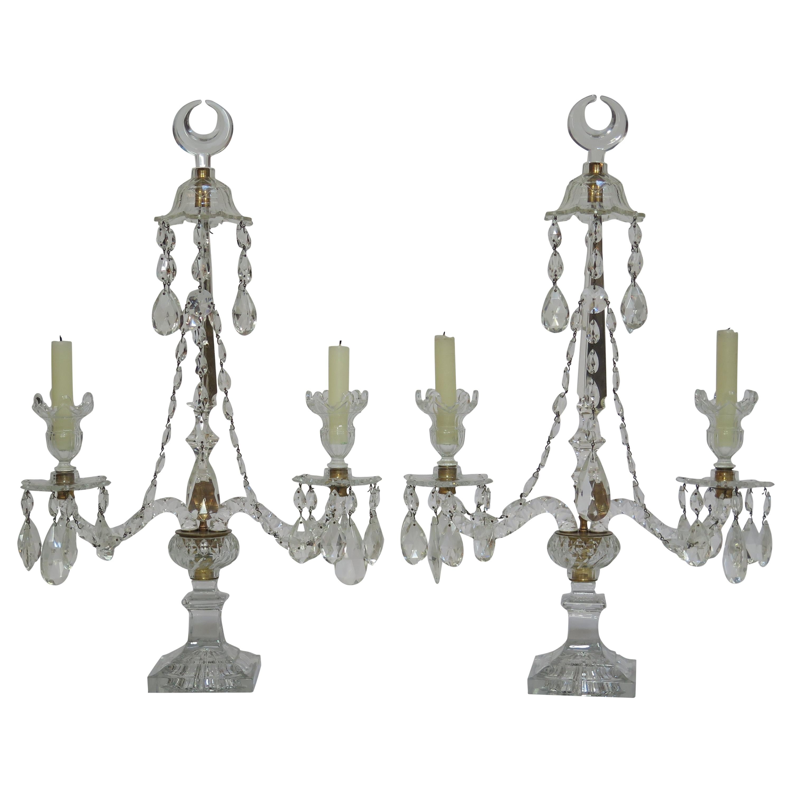 Pair of George III Crystal Two-Light Candelabra