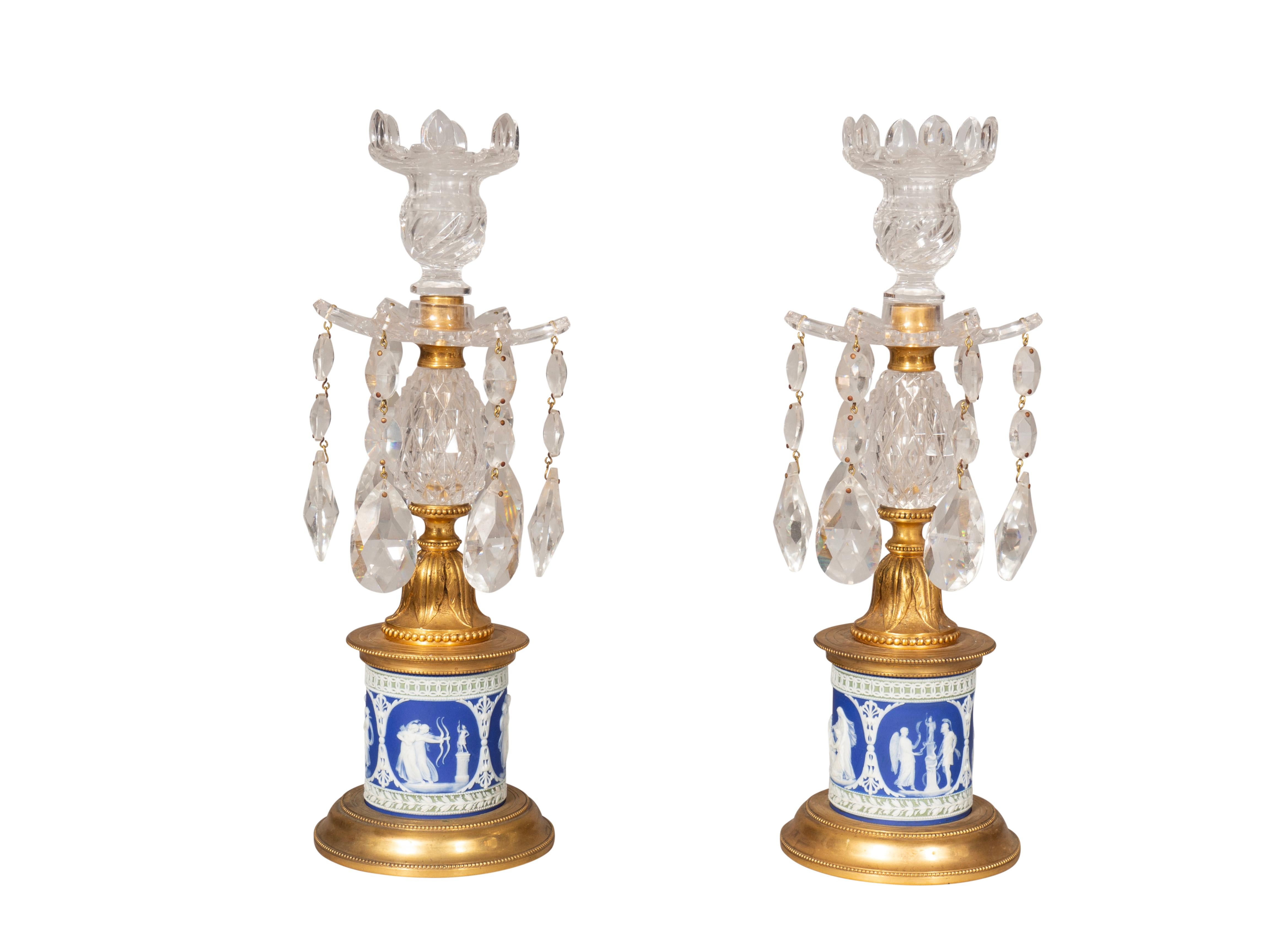 Georgian Pair Of George III Cut Glass And Jasper Ware Candlesticks For Sale