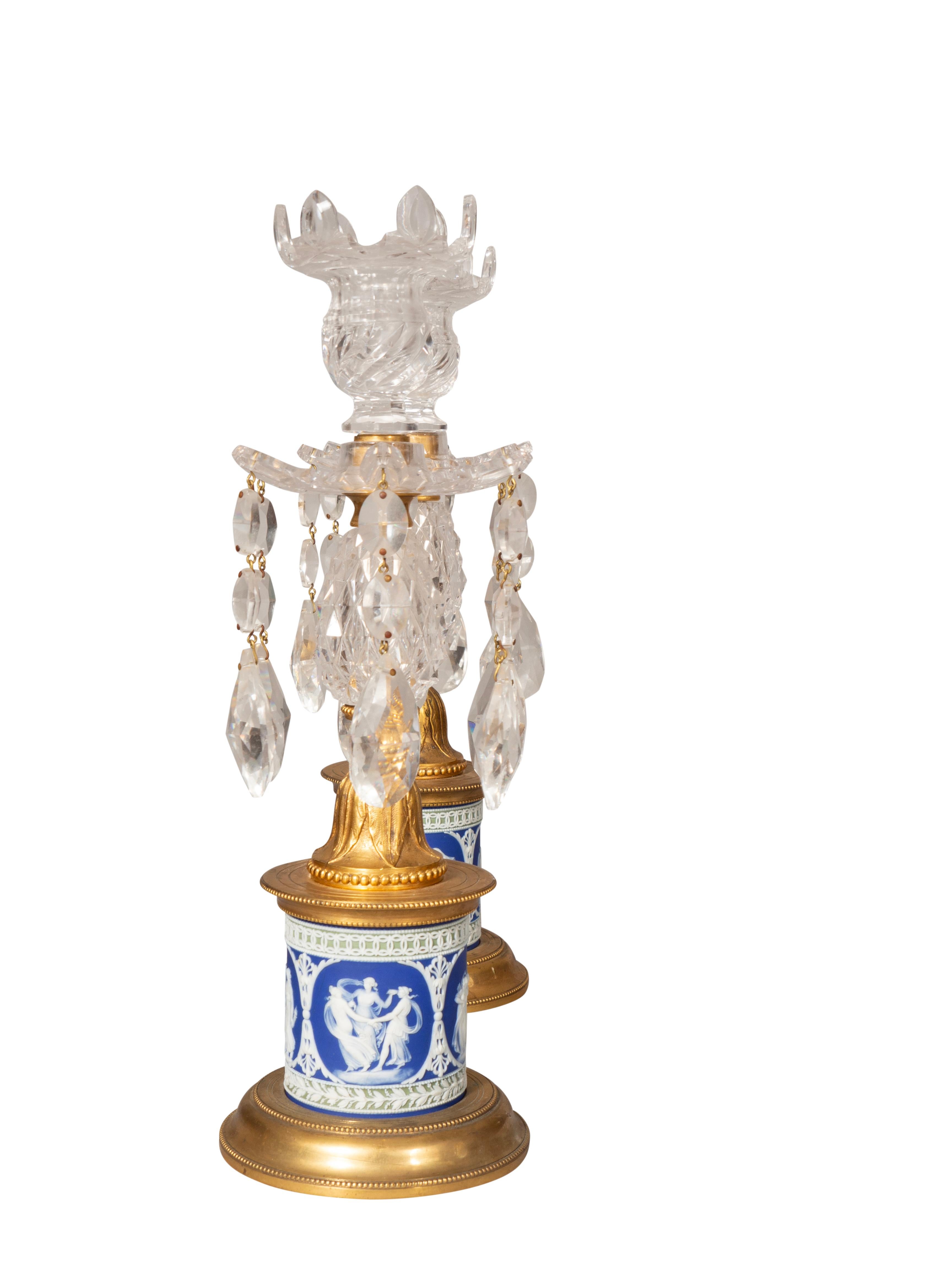 English Pair Of George III Cut Glass And Jasper Ware Candlesticks For Sale