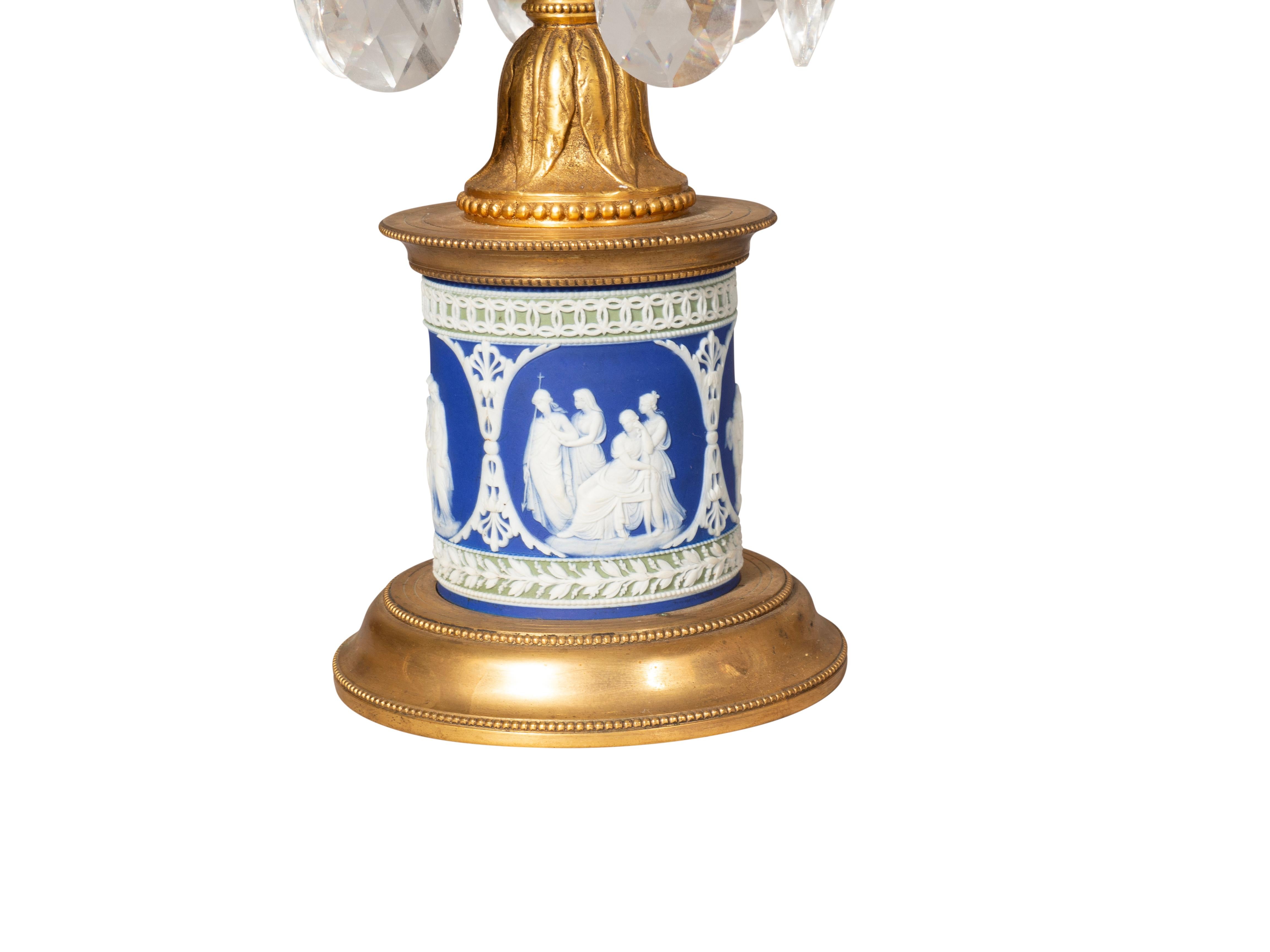Brass Pair Of George III Cut Glass And Jasper Ware Candlesticks For Sale