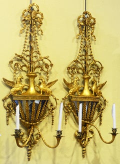Pair of George III Giltwood Mirrored Urn Wall Sconces, Manner of Robert Adam