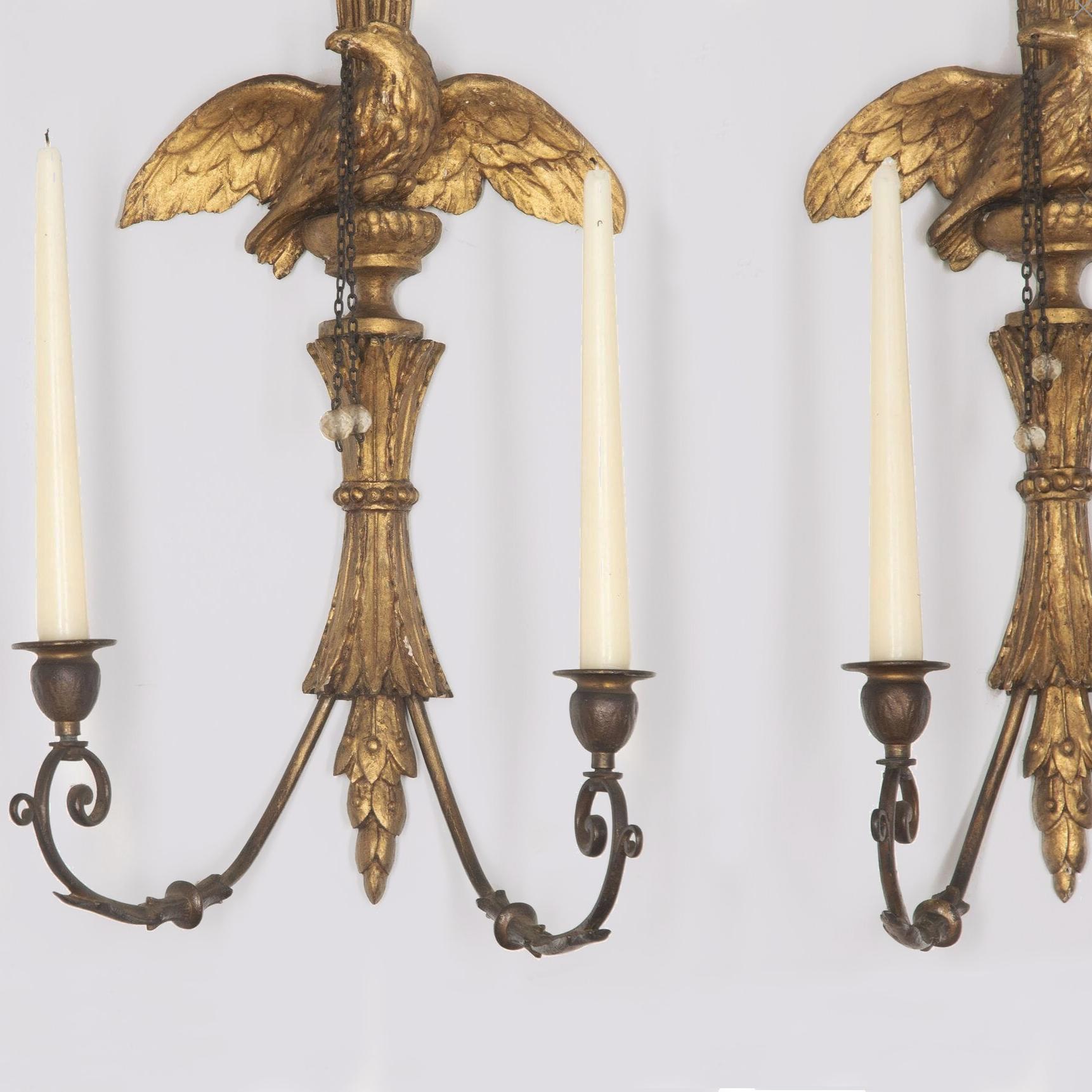 English Pair of George III Giltwood Candle Wall Lights with Carved Eagle and Ram's Head For Sale