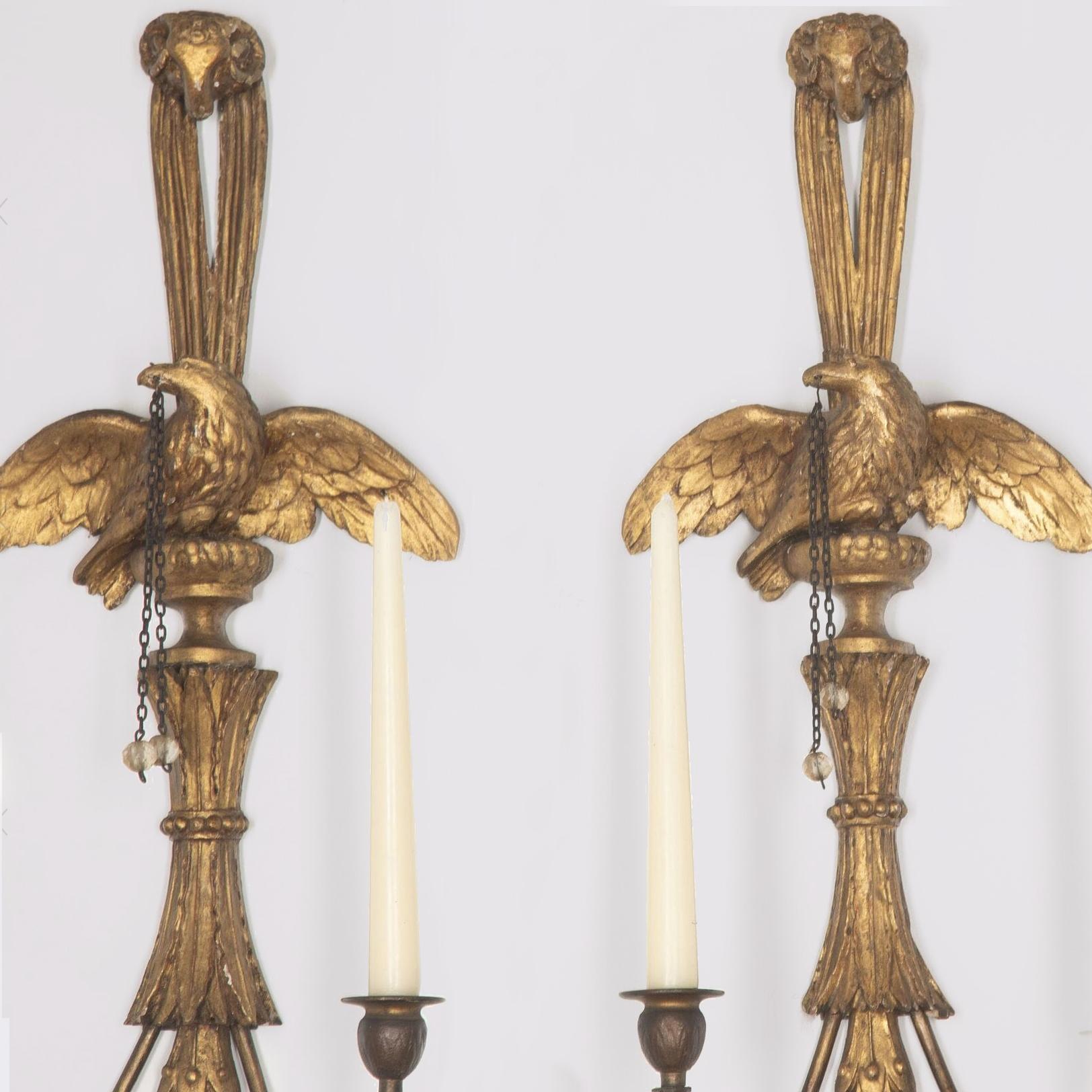 Pair of George III Giltwood Candle Wall Lights with Carved Eagle and Ram's Head In Good Condition For Sale In London, GB