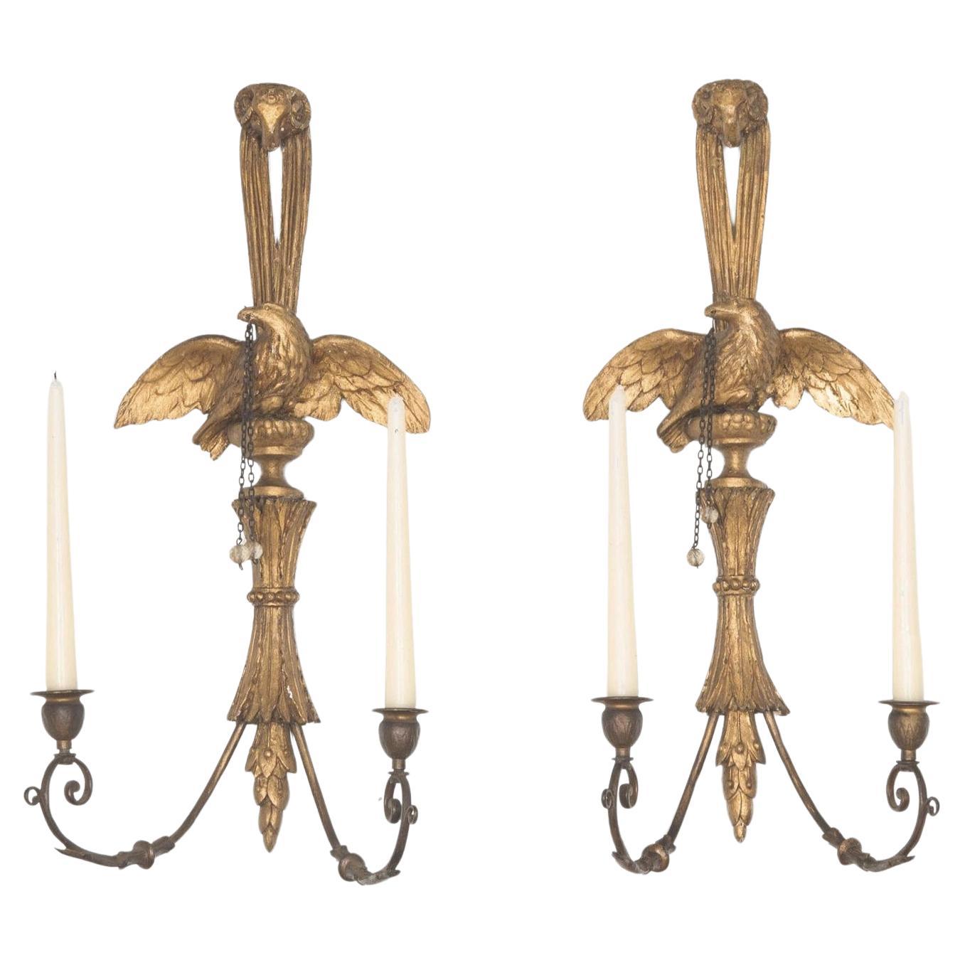 Pair of George III Giltwood Candle Wall Lights with Carved Eagle and Ram's Head For Sale