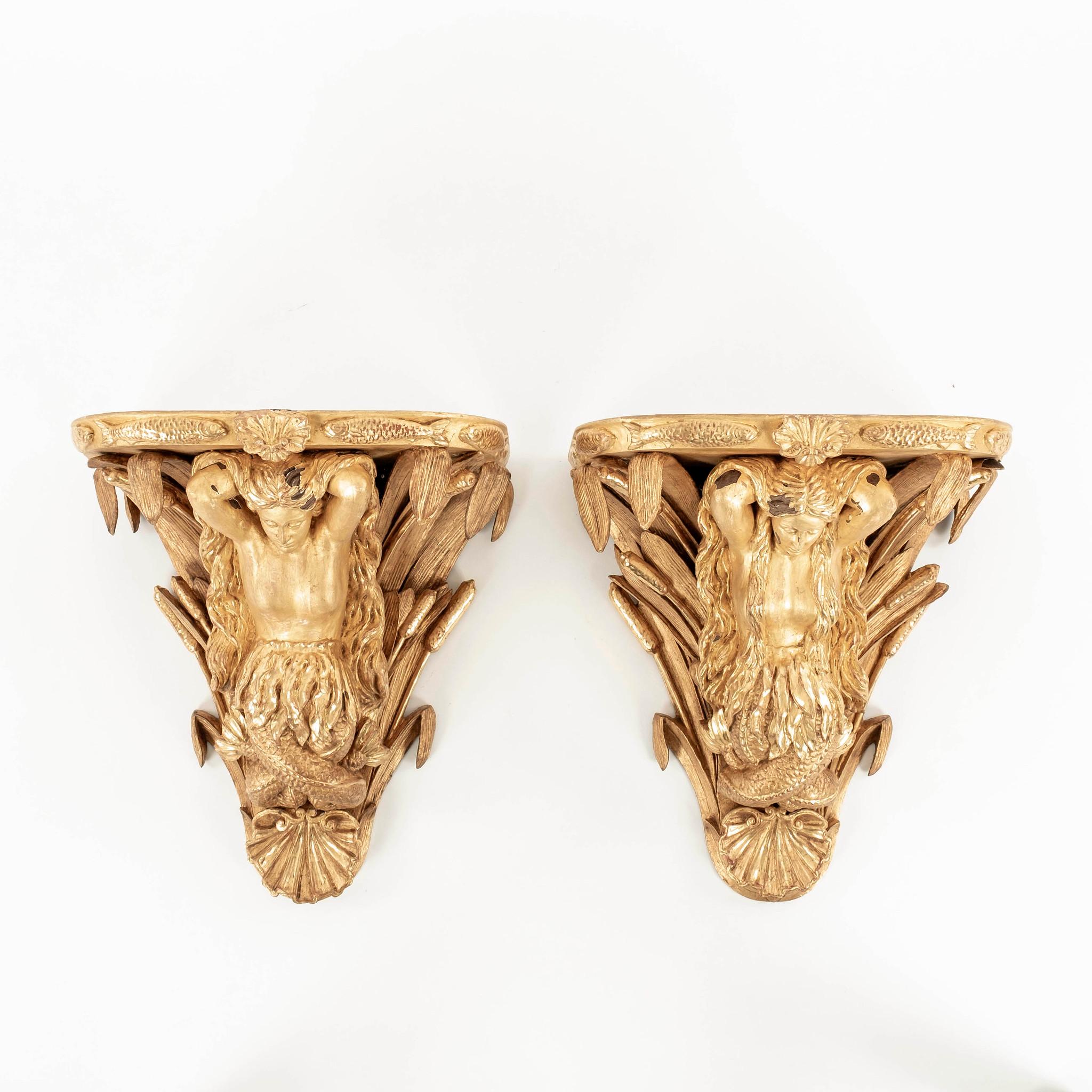 Pair of George III Giltwood Mermaid Wall Shelves For Sale 2