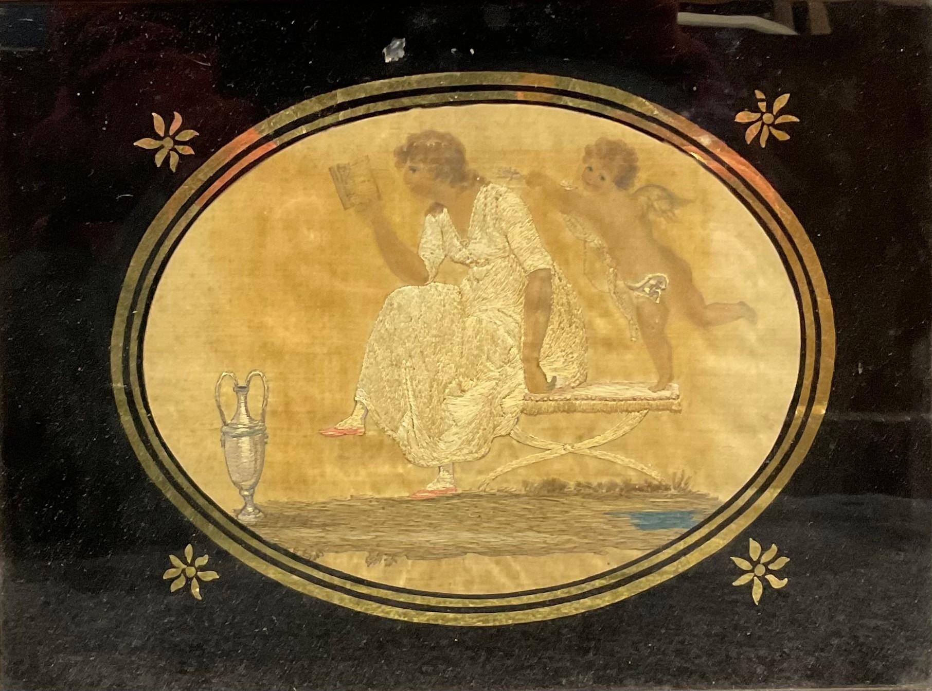 Pair of George III Glomyized Glass Mythological Silk Pictures of Eros & Psyche 
Dating to early late 19th century
From a private collection

Eros and Psyche are figures from ancient Greek mythology, and their story is often referred to as 