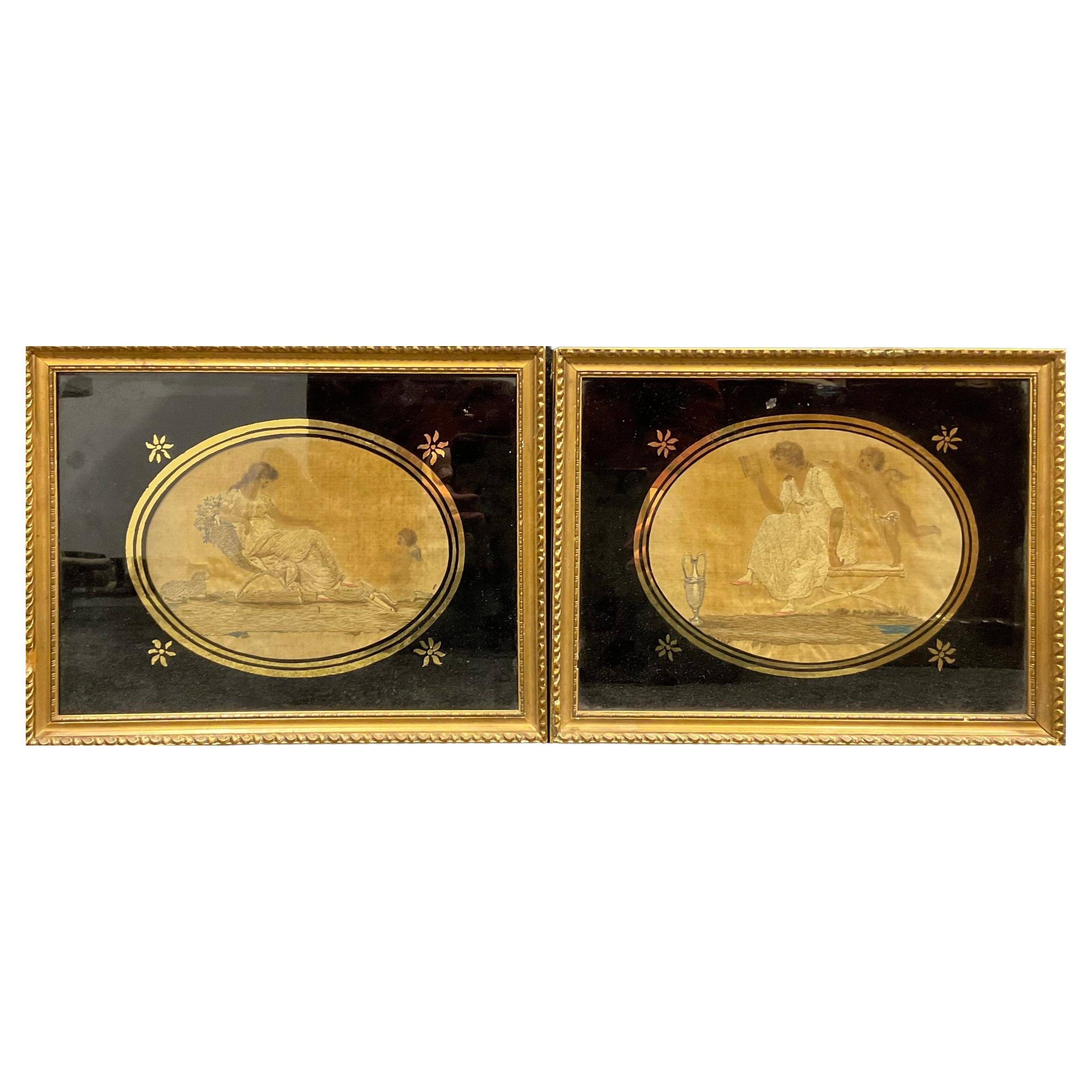 Pair of George III Glomyized Glass Mythological Silk Pictures of Eros & Psyche 