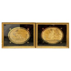 Antique Pair of George III Glomyized Glass Mythological Silk Pictures of Eros & Psyche