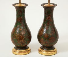 Pair of George III Green-Painted Decoupaged Wood Vases Mounted as Lamps