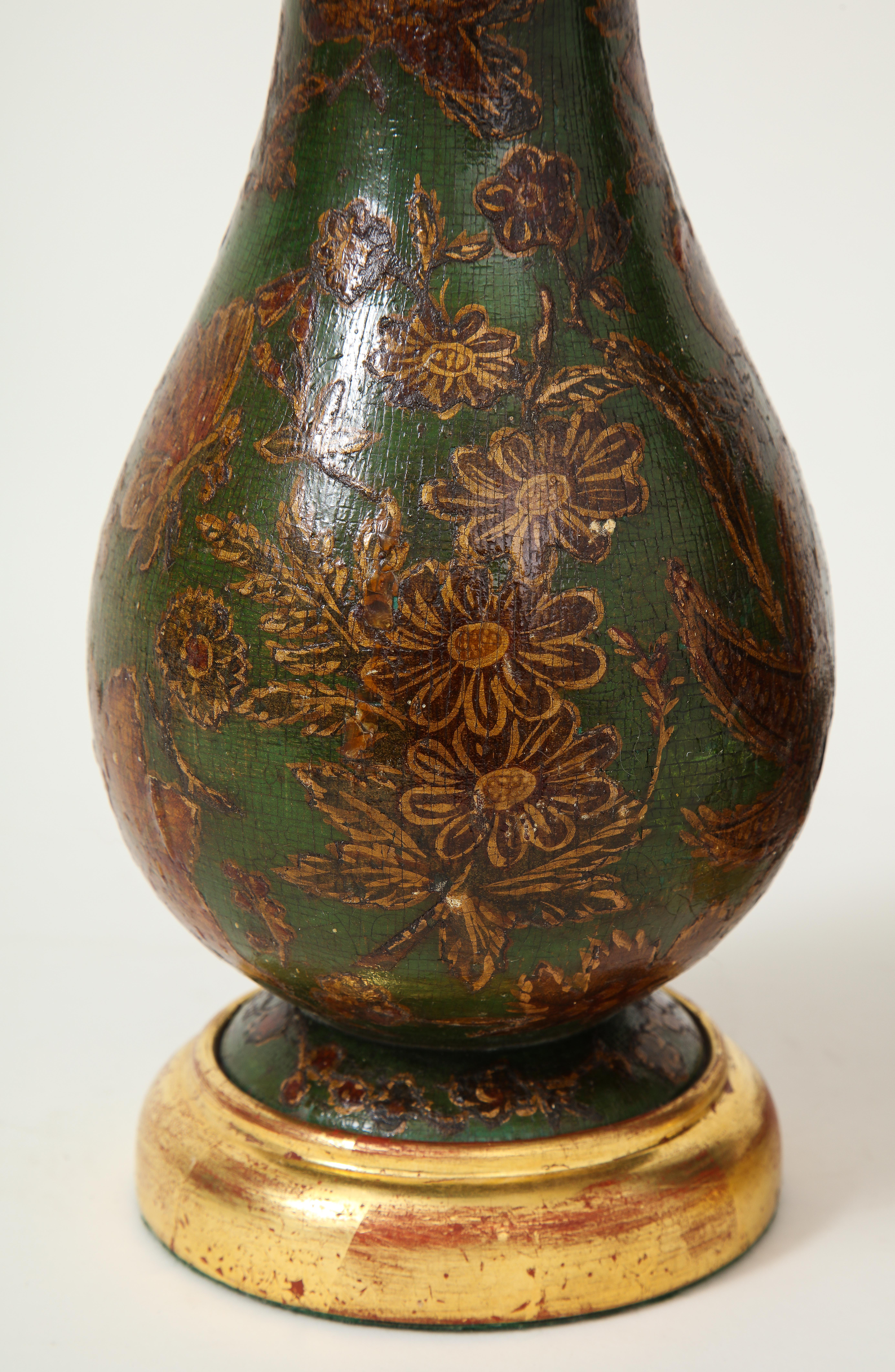 Georgian Pair of George III Green-Painted Decoupaged Wood Vases Mounted as Lamps