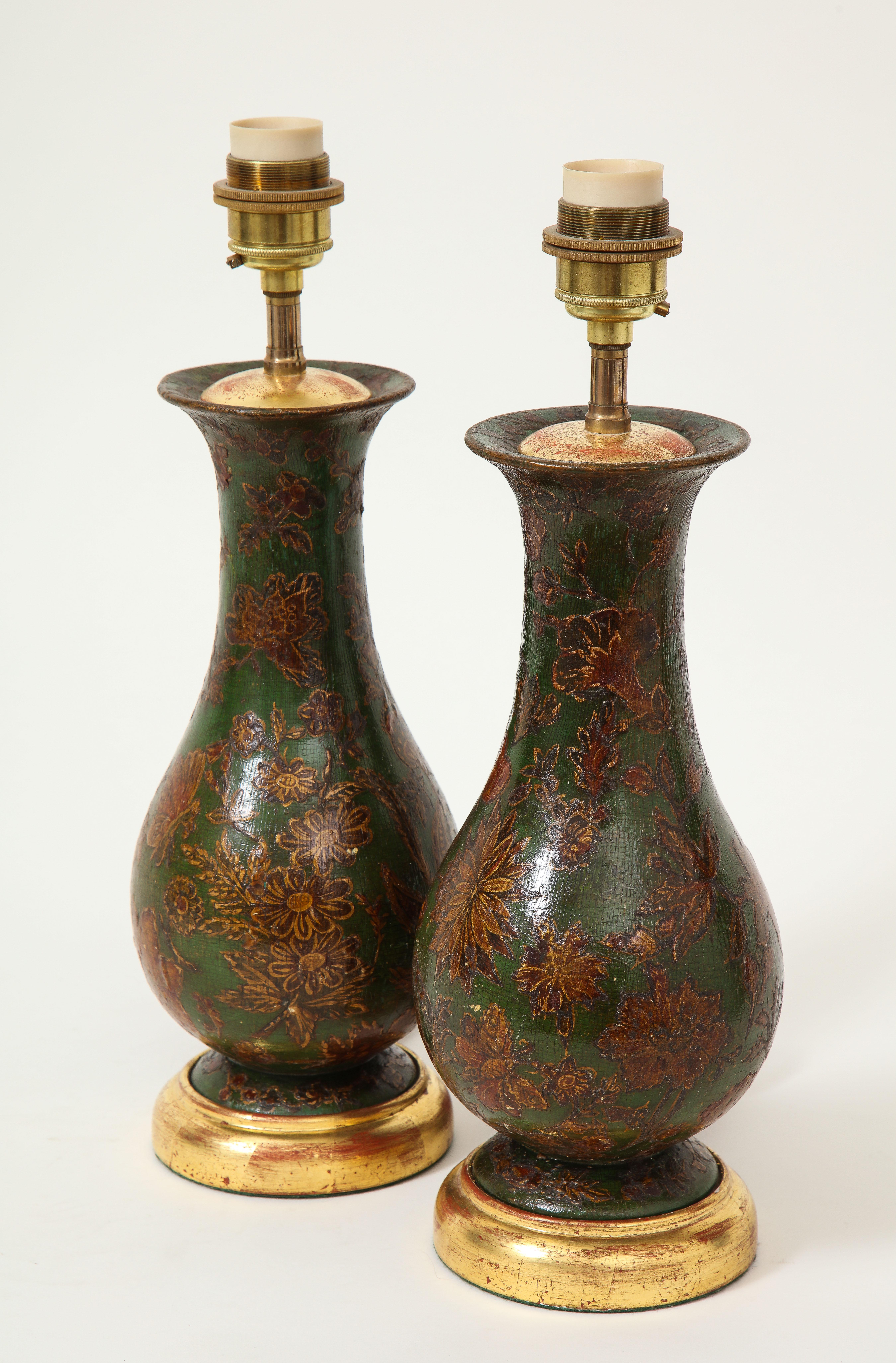 English Pair of George III Green-Painted Decoupaged Wood Vases Mounted as Lamps