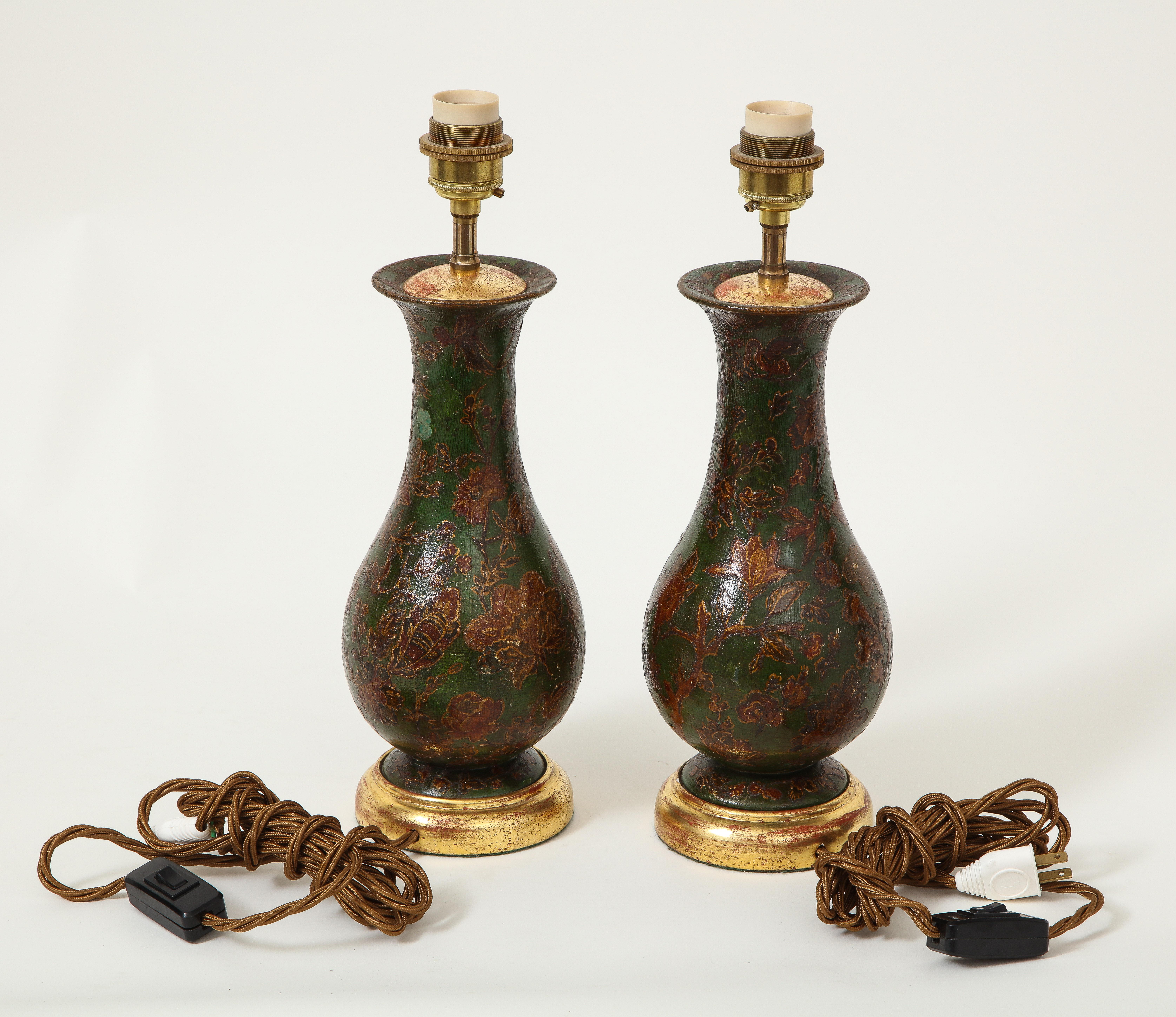 Japanned Pair of George III Green-Painted Decoupaged Wood Vases Mounted as Lamps