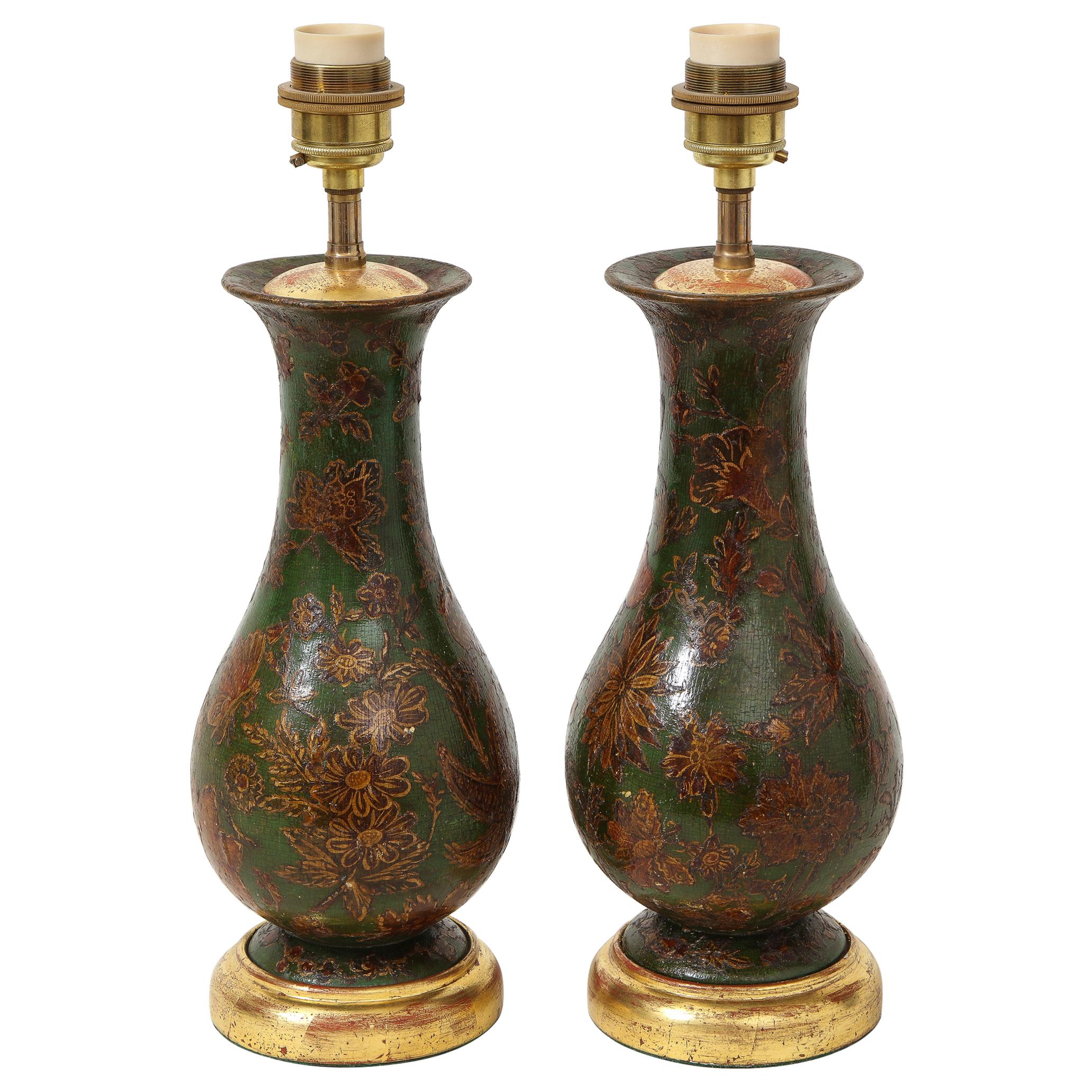 Pair of George III Green-Painted Decoupaged Wood Vases Mounted as Lamps