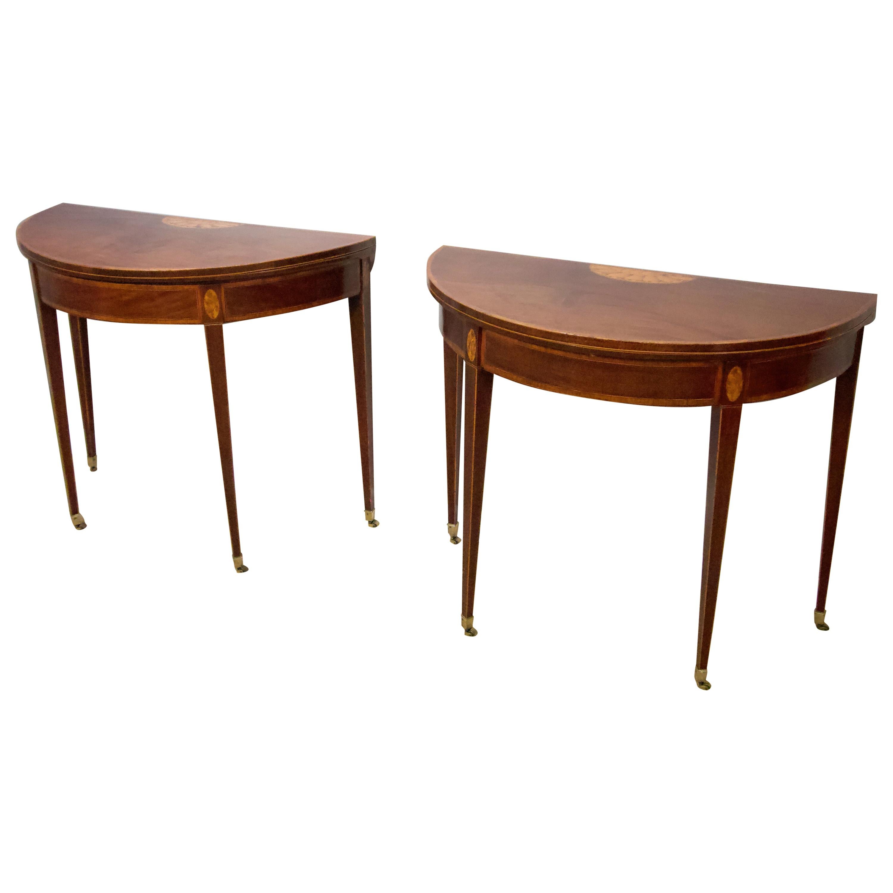 Pair of George III Mahogany and Boxwood and Satinwood Demilune Card Tables