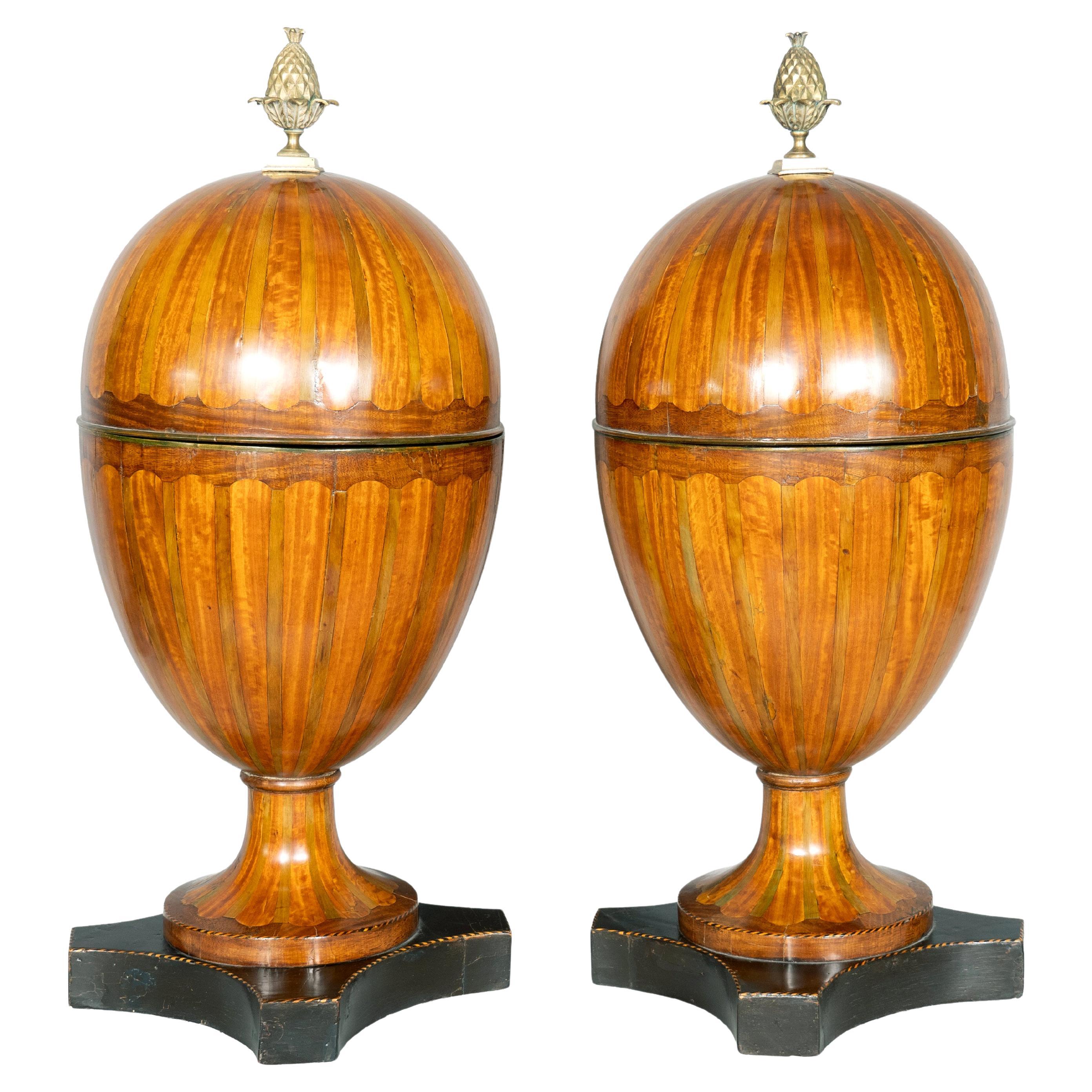 Pair Of George III Mahogany And Satinwood Telescopic Knife Urns For Sale