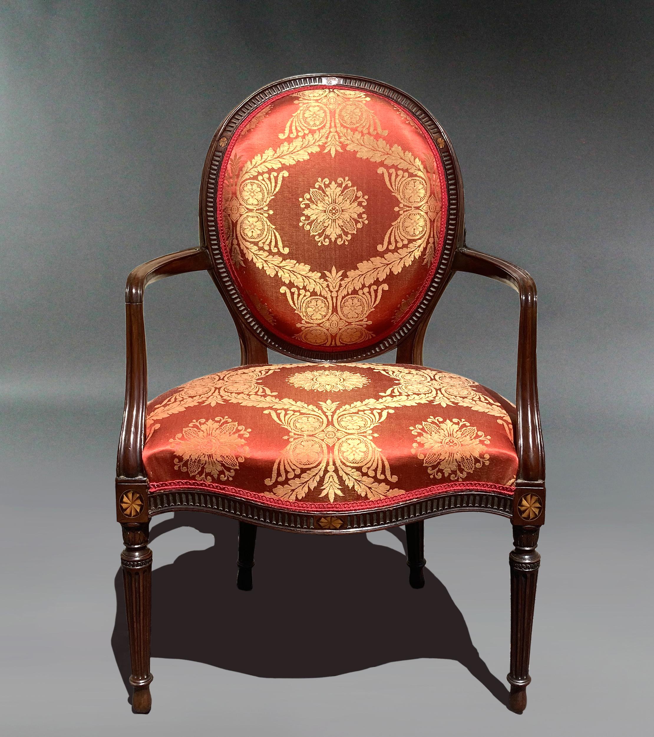 Georgian Pair of George III Mahogany Armchairs in Red Damask; Manner of John Linnell For Sale