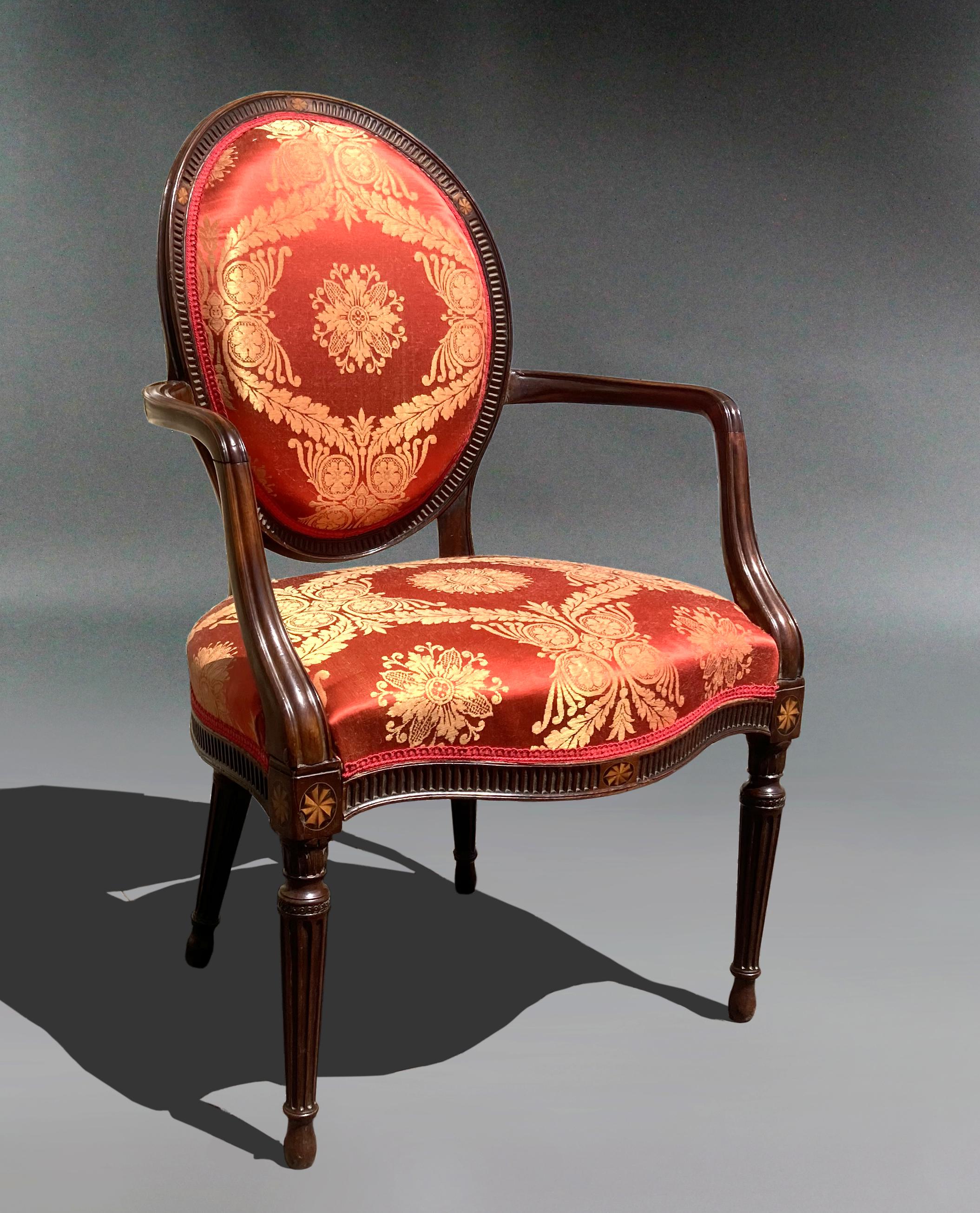 English Pair of George III Mahogany Armchairs in Red Damask; Manner of John Linnell For Sale
