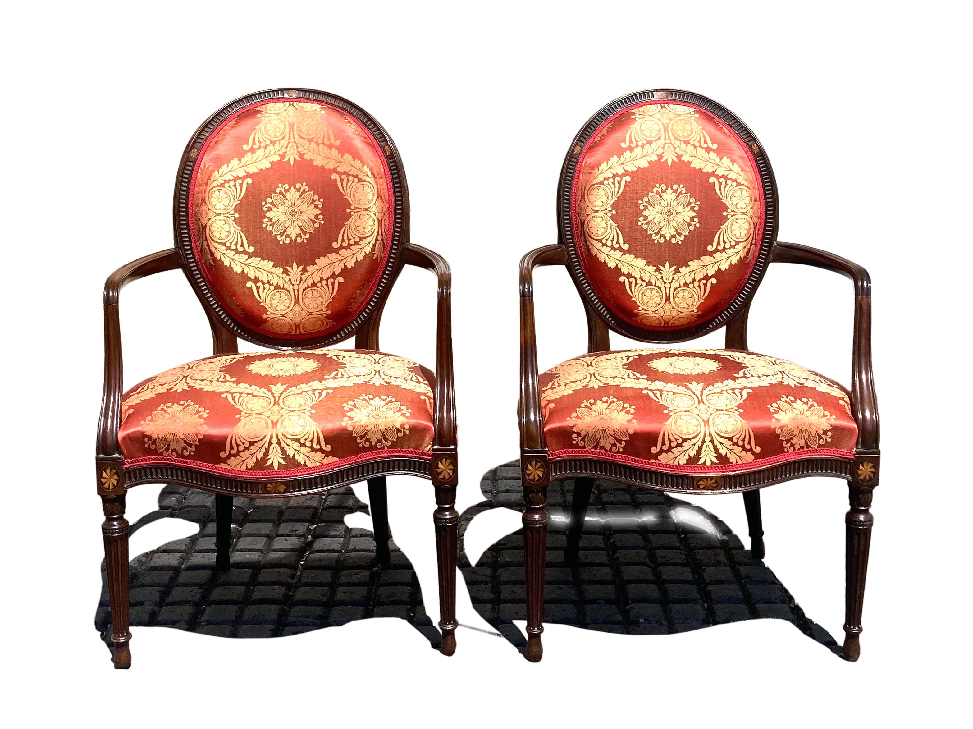 Pair of George III Mahogany Armchairs in Red Damask; Manner of John Linnell In Good Condition For Sale In Bradford-on-Avon, Wiltshire
