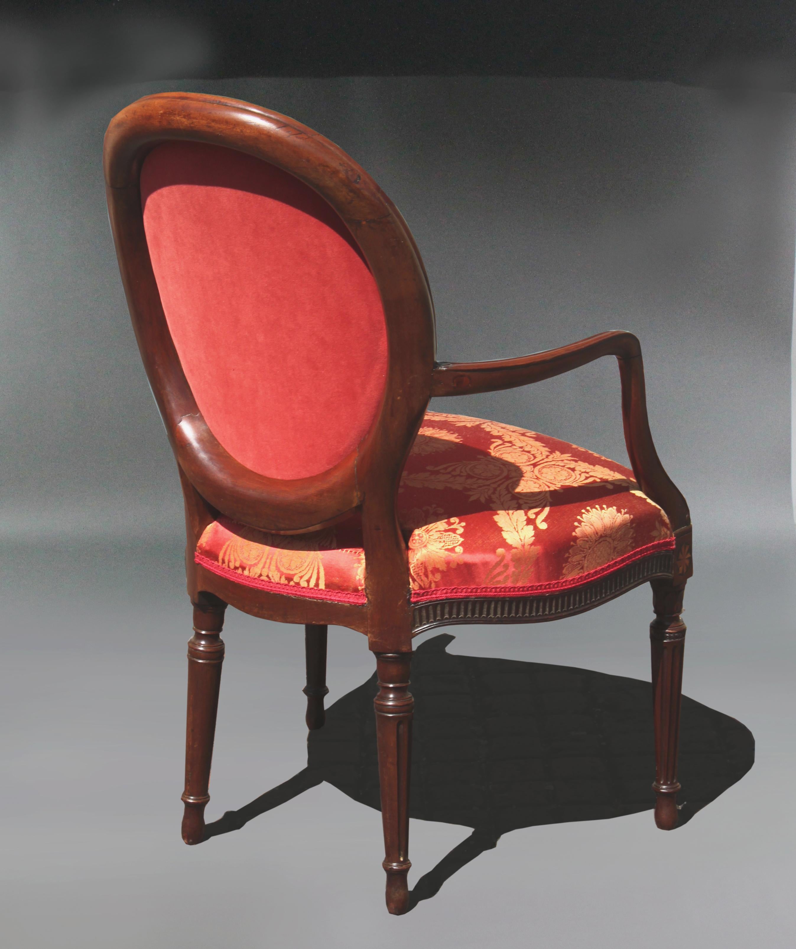 18th Century Pair of George III Mahogany Armchairs in Red Damask; Manner of John Linnell For Sale
