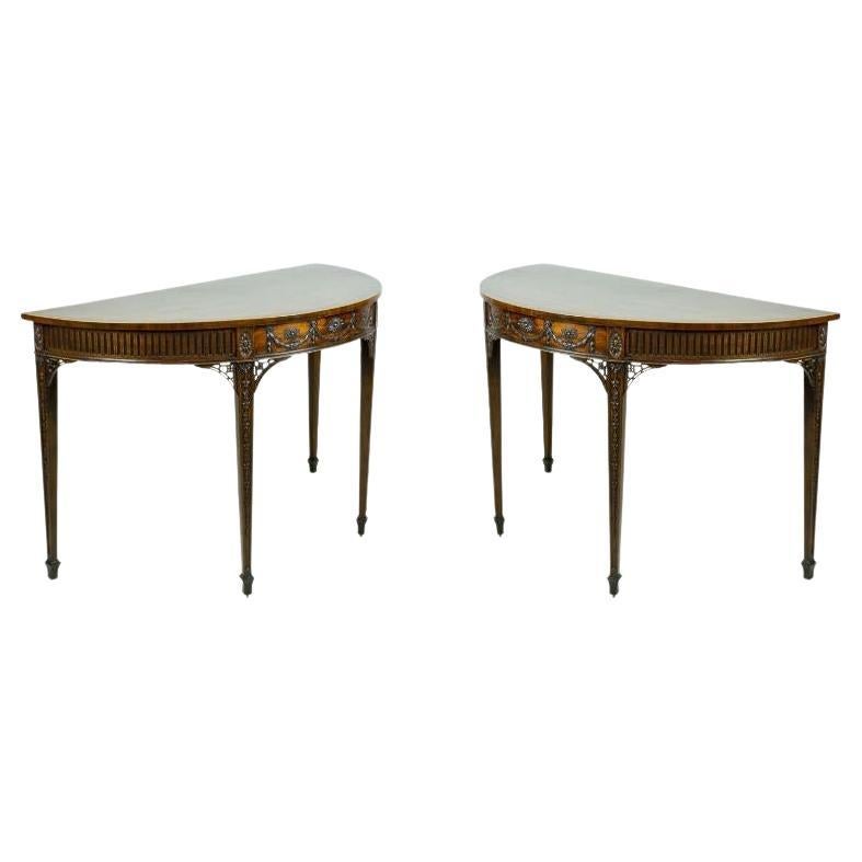 Pair of Georgian Mahogany Demilune Console Tables with Satinwood Inlay