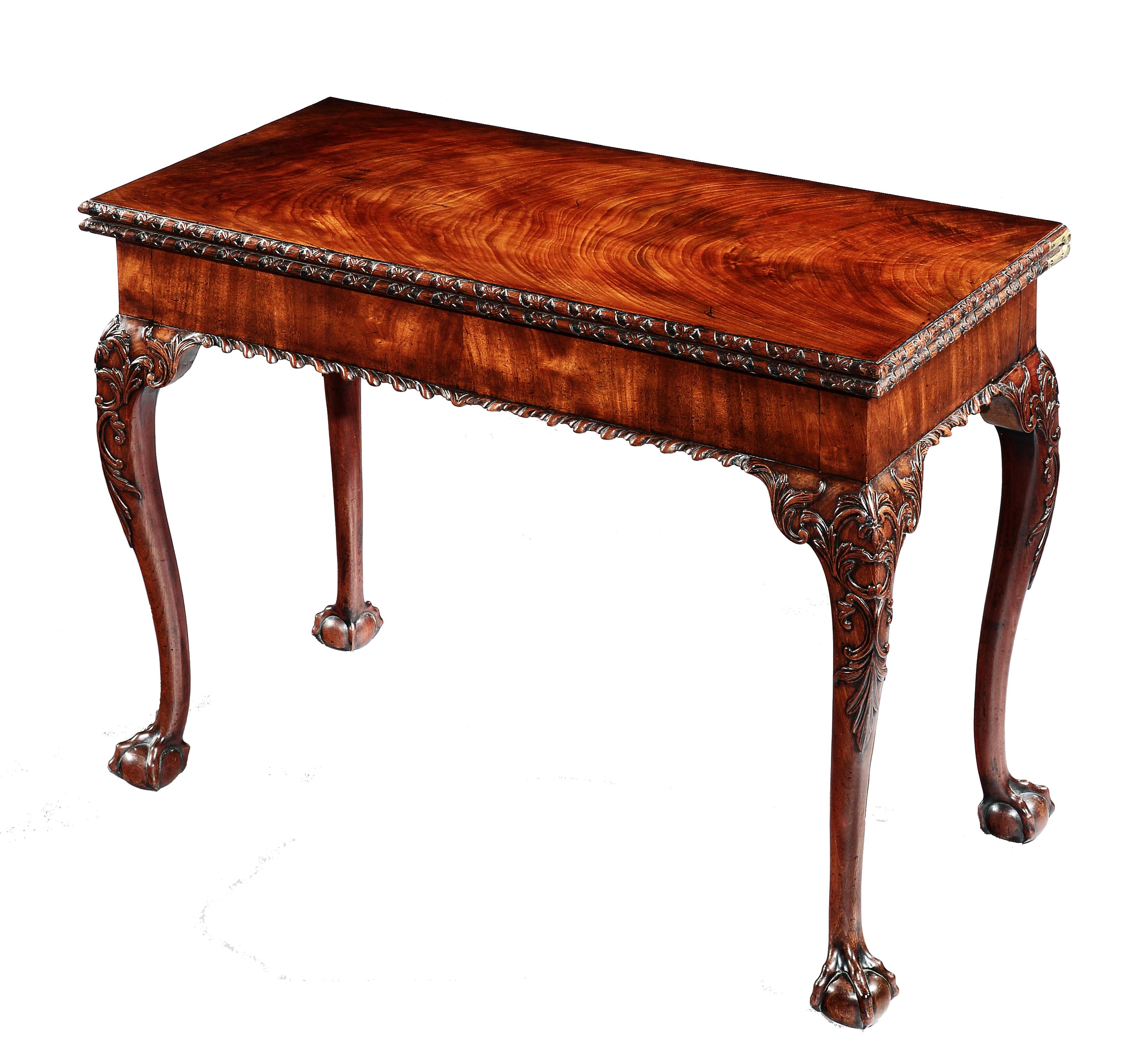 An exceptional pair of George III mahogany concertina action card tables. In the manner of Thomas Chippendale, the superbly figured rectangular mahogany bookmatched tops, carved with a floral patria edge on a punched background, above a plain frieze