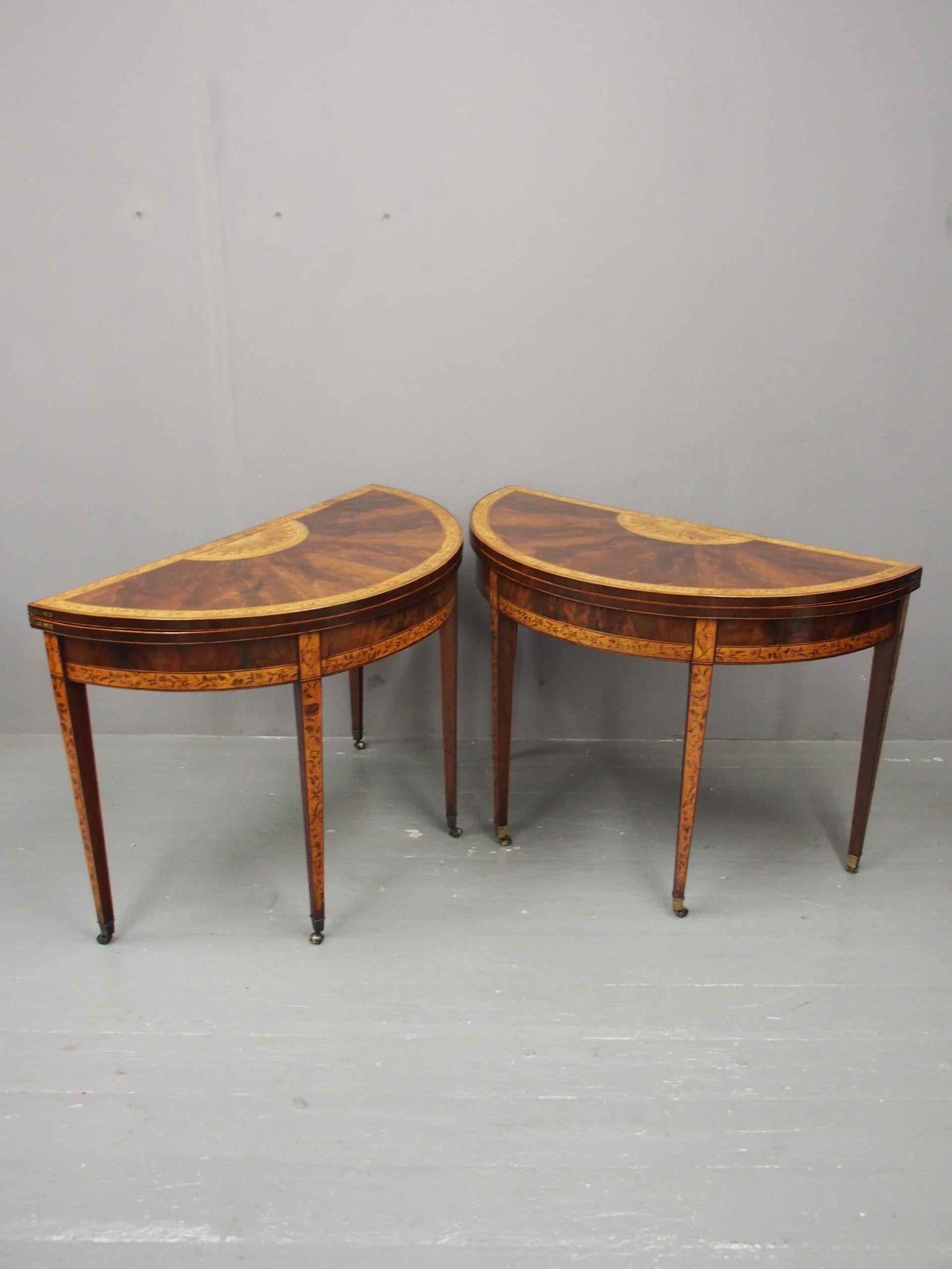 Pair of George III Mahogany Inlaid and Penwork Games Tables For Sale 11